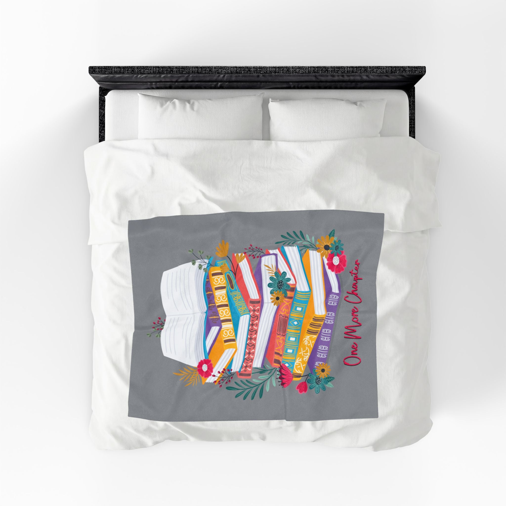 One More Chapter Reader Blanket- Colorful Book Stack & Floral Velveteen Plush Throw