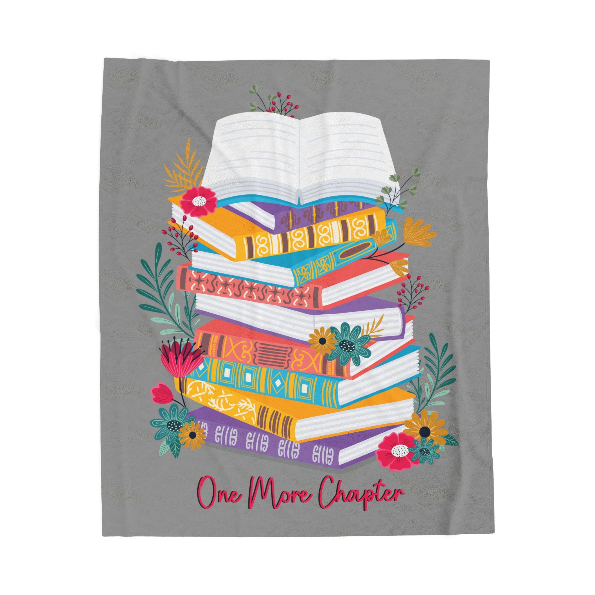 One More Chapter Reader Blanket- Colorful Book Stack & Floral Velveteen Plush Throw