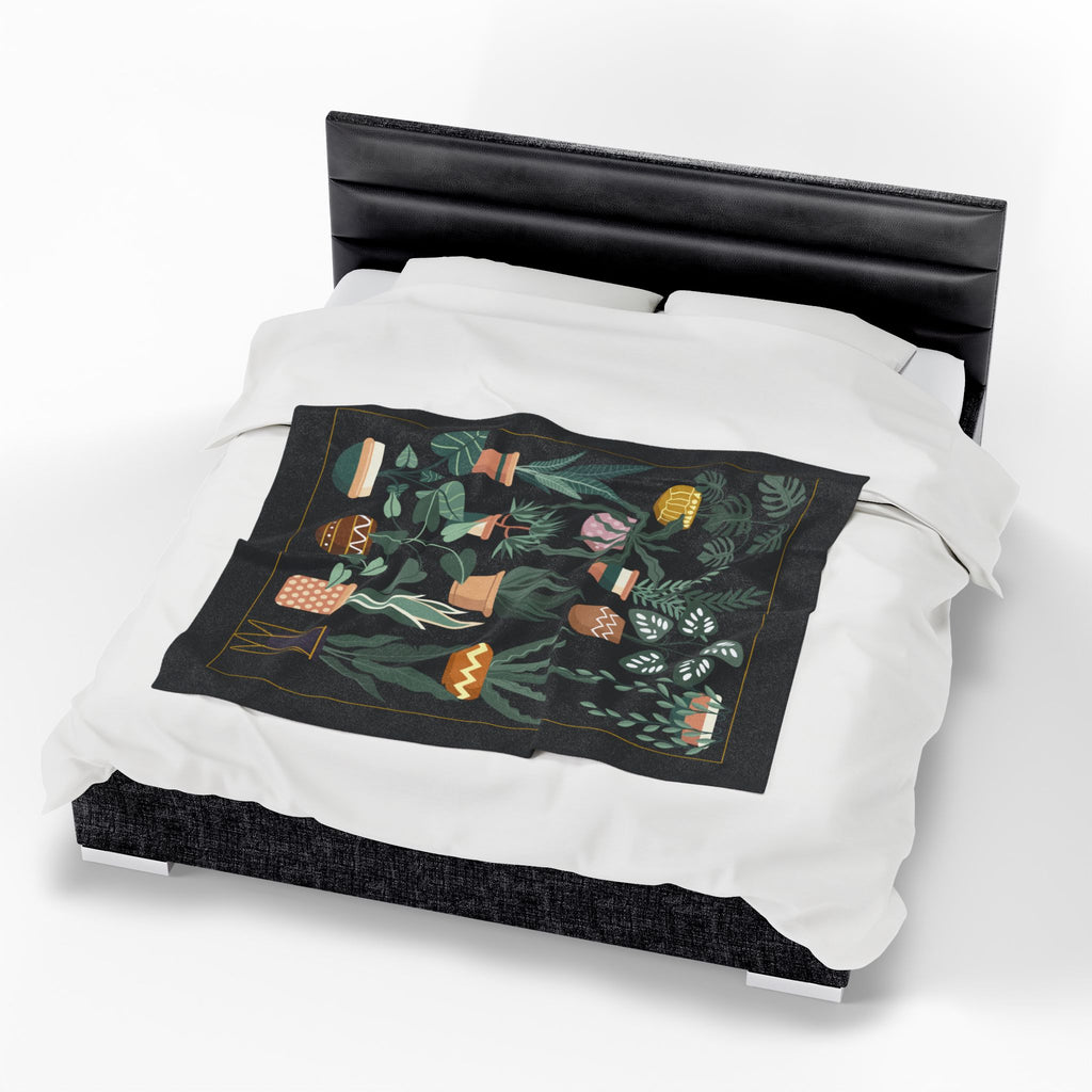Houseplant Throw Blanket- Cozy Black Botanical 50x60 Throw