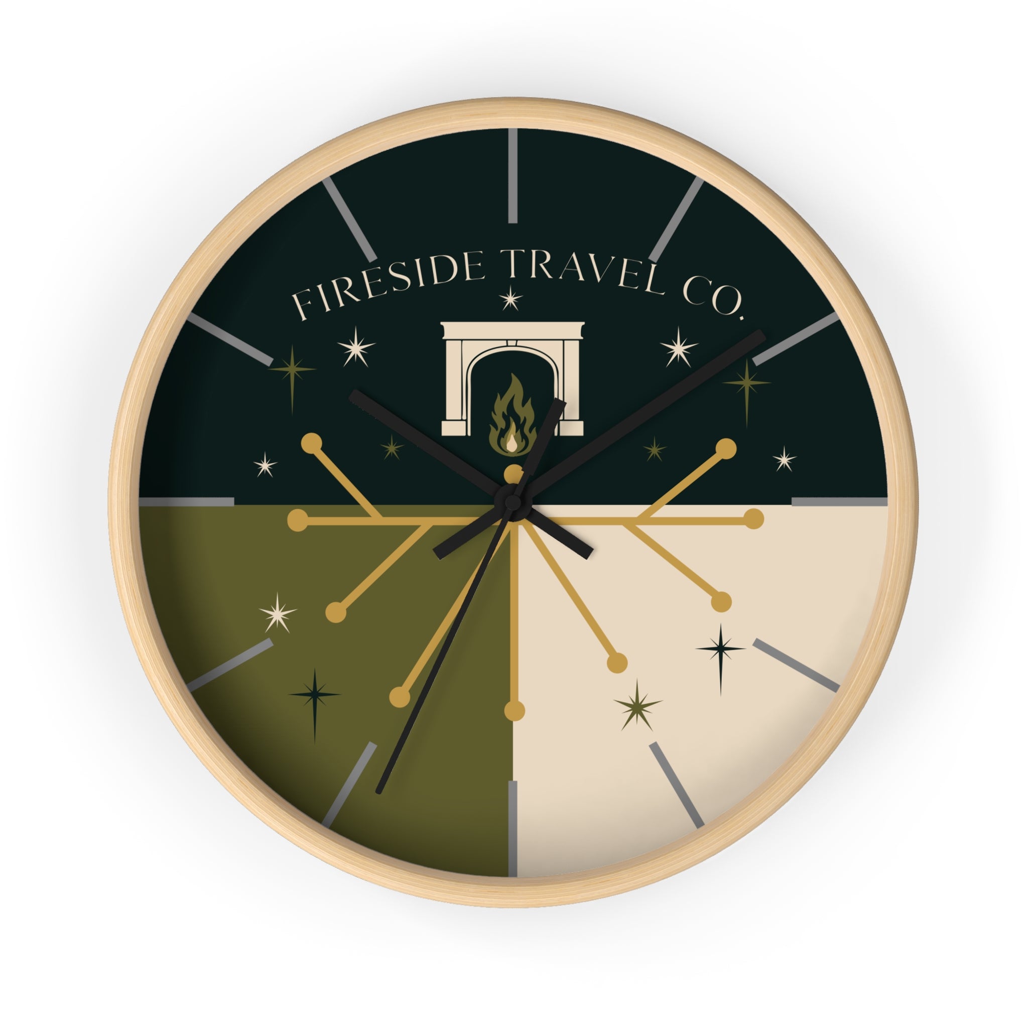 Fireside Travel Co. Wall Clock- Retro Mid Century Modern Magical Travel Clock