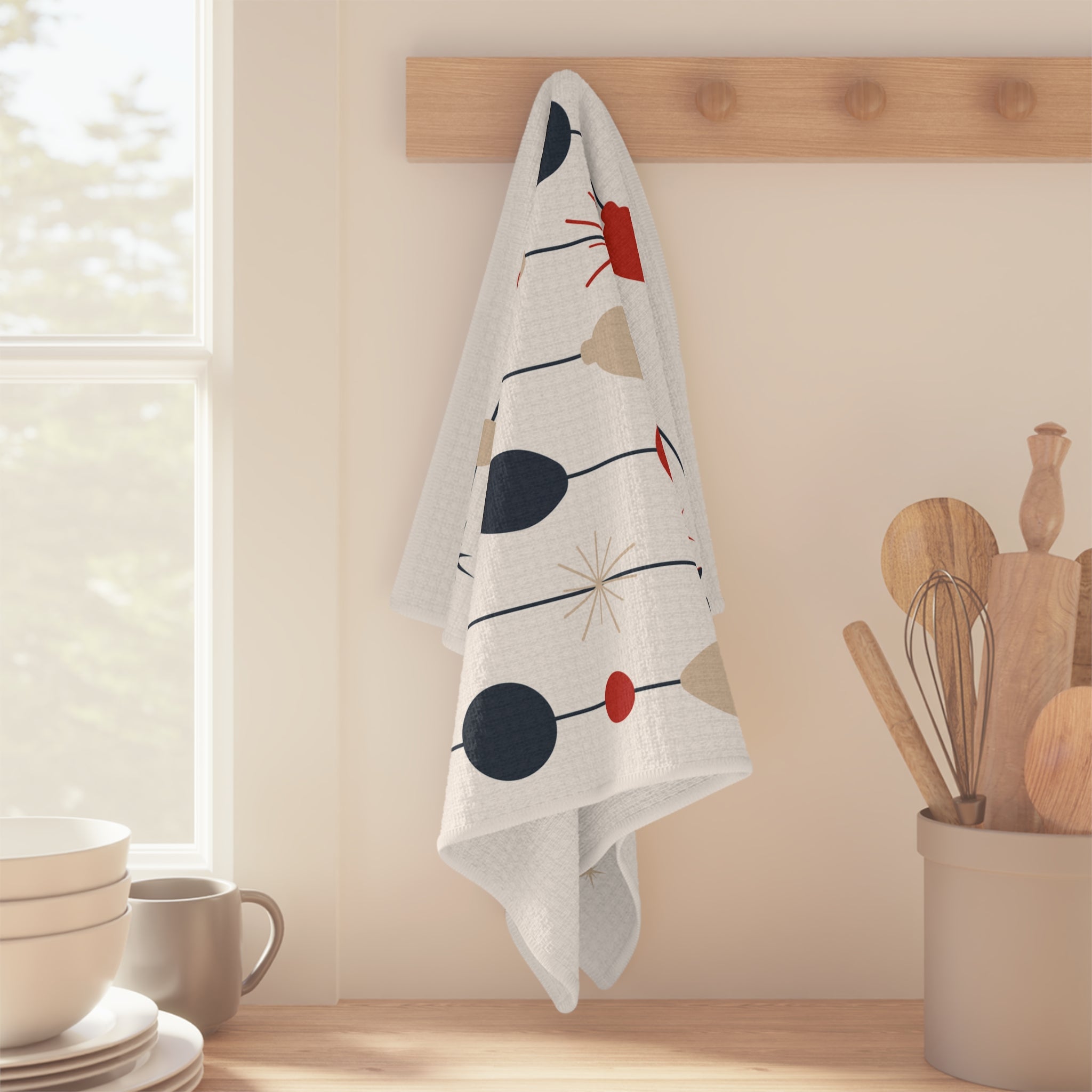 Mid Century Christmas Tea Towel- Retro Season's Greetings Atomic Holiday Microfiber Kitchen Towel