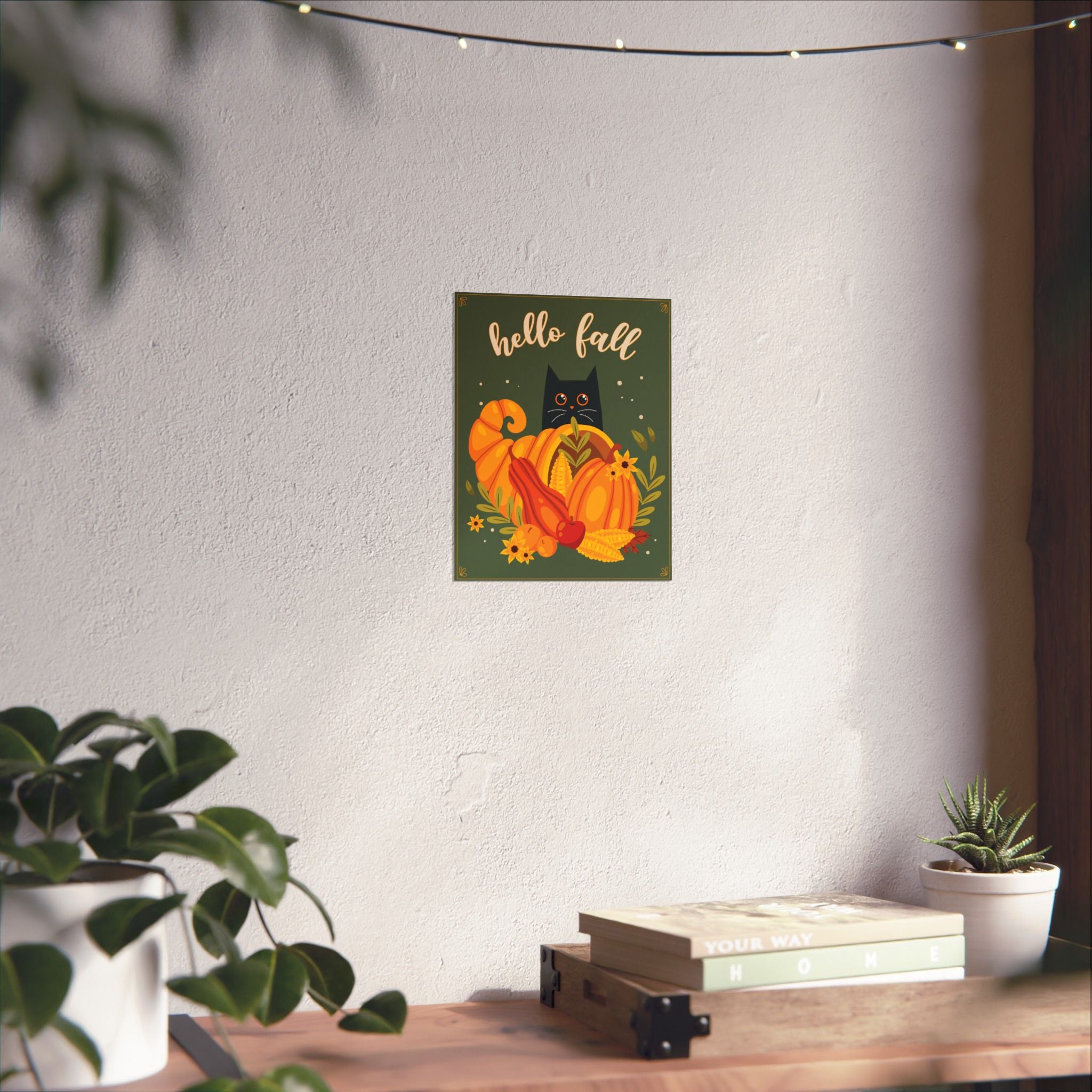 Black Cat Fall Wall Art- Hello Fall 8x10 Autumn Harvest Print