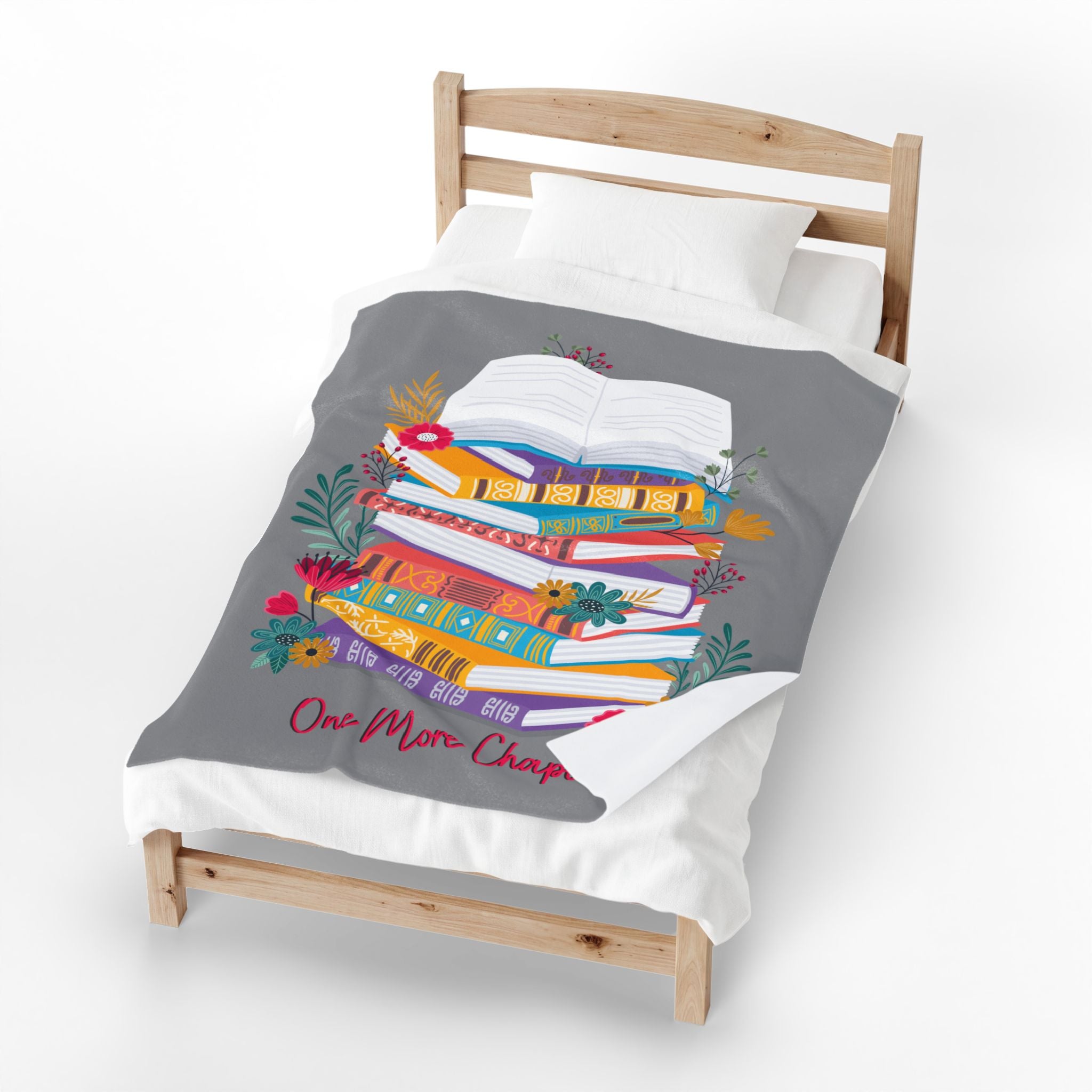 One More Chapter Reader Blanket- Colorful Book Stack & Floral Velveteen Plush Throw