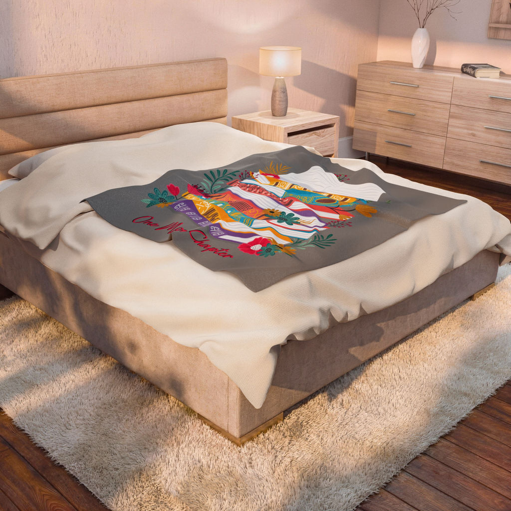 One More Chapter Reader Blanket- Colorful Book Stack & Floral Velveteen Plush Throw