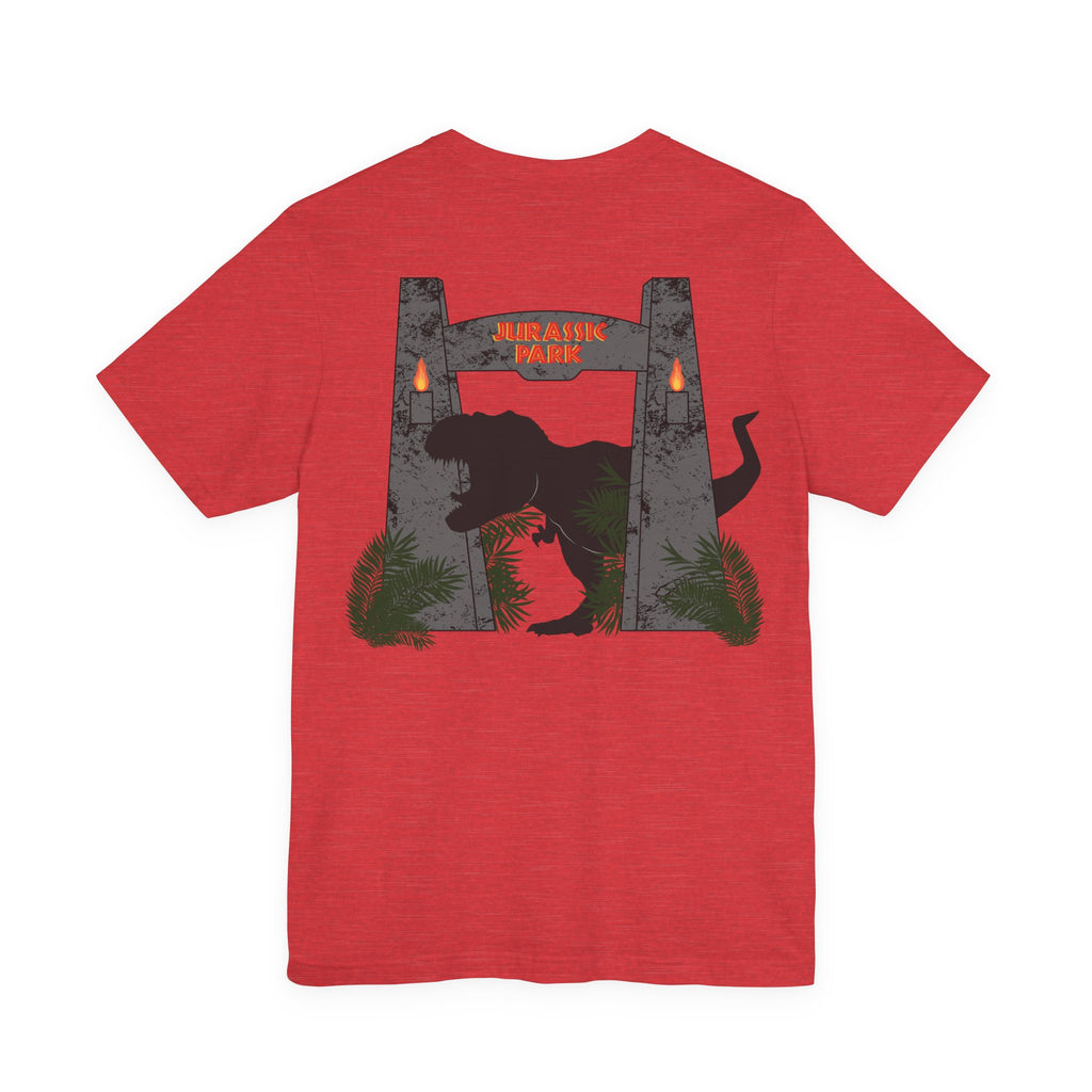 Jurassic Park Gates Shirt- Dinosaur Theme Park Tee, Double Sided T-Rex Jungle Graphic