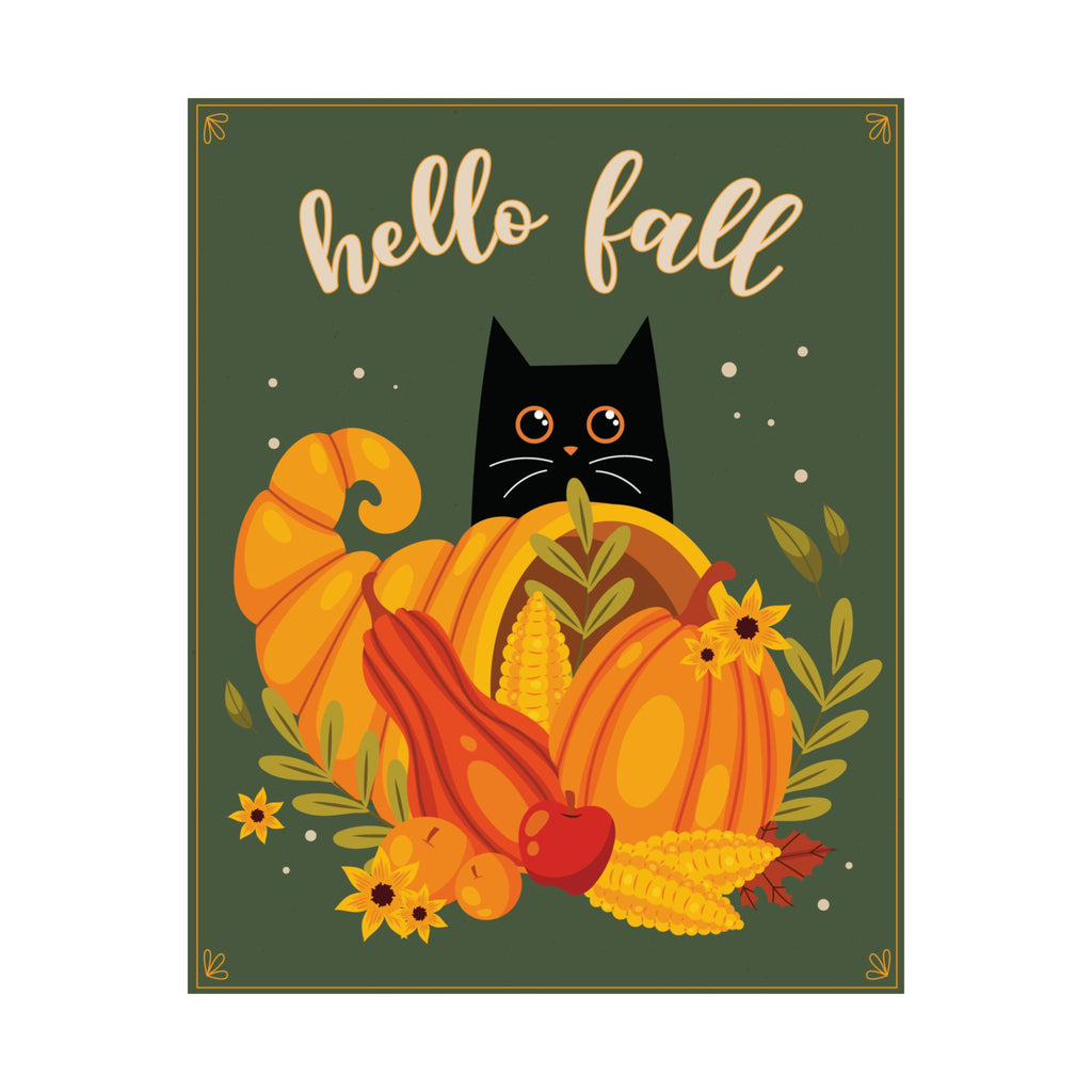 Black Cat Fall Wall Art- Hello Fall 8x10 Autumn Harvest Print