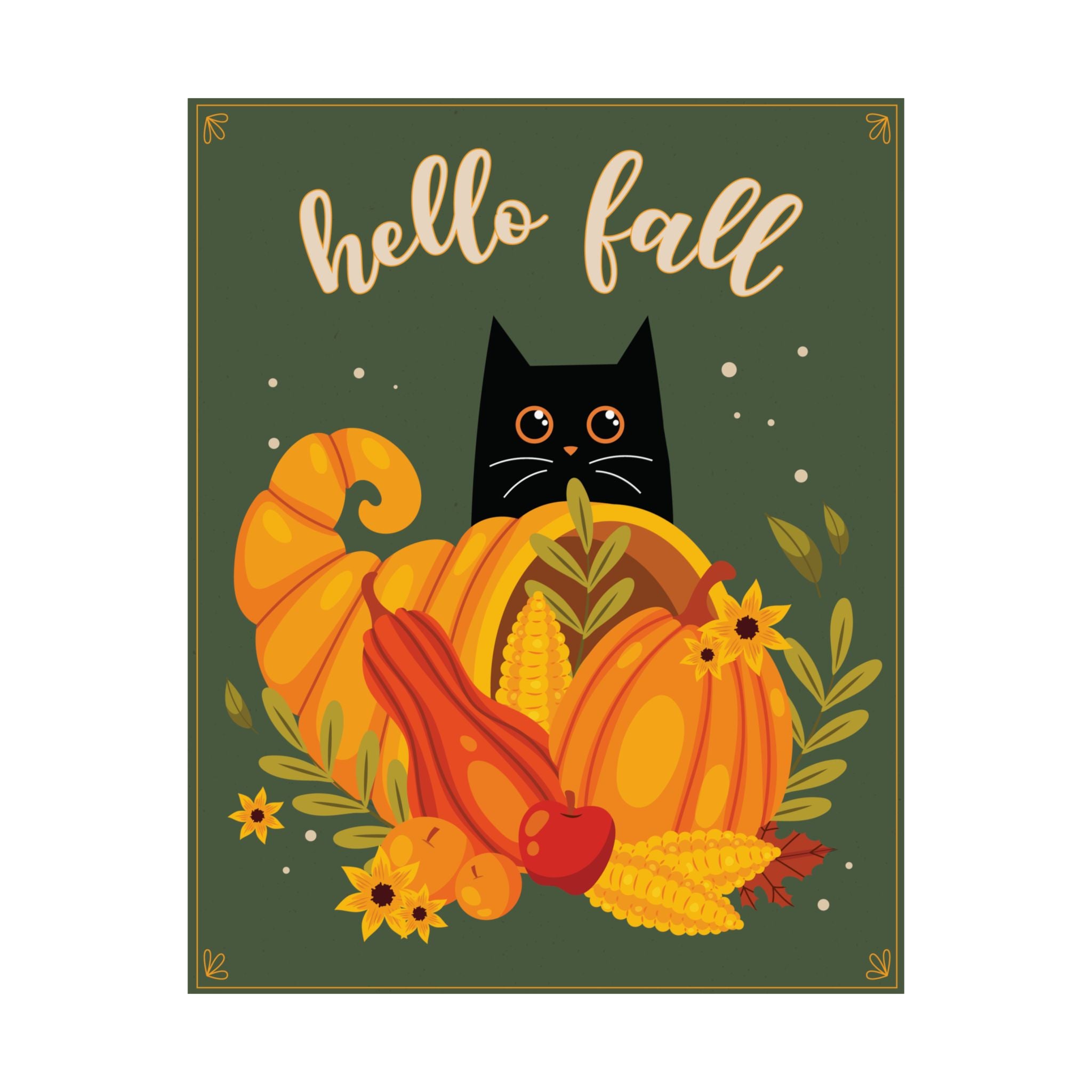 Black Cat Fall Wall Art- Hello Fall 8x10 Autumn Harvest Print