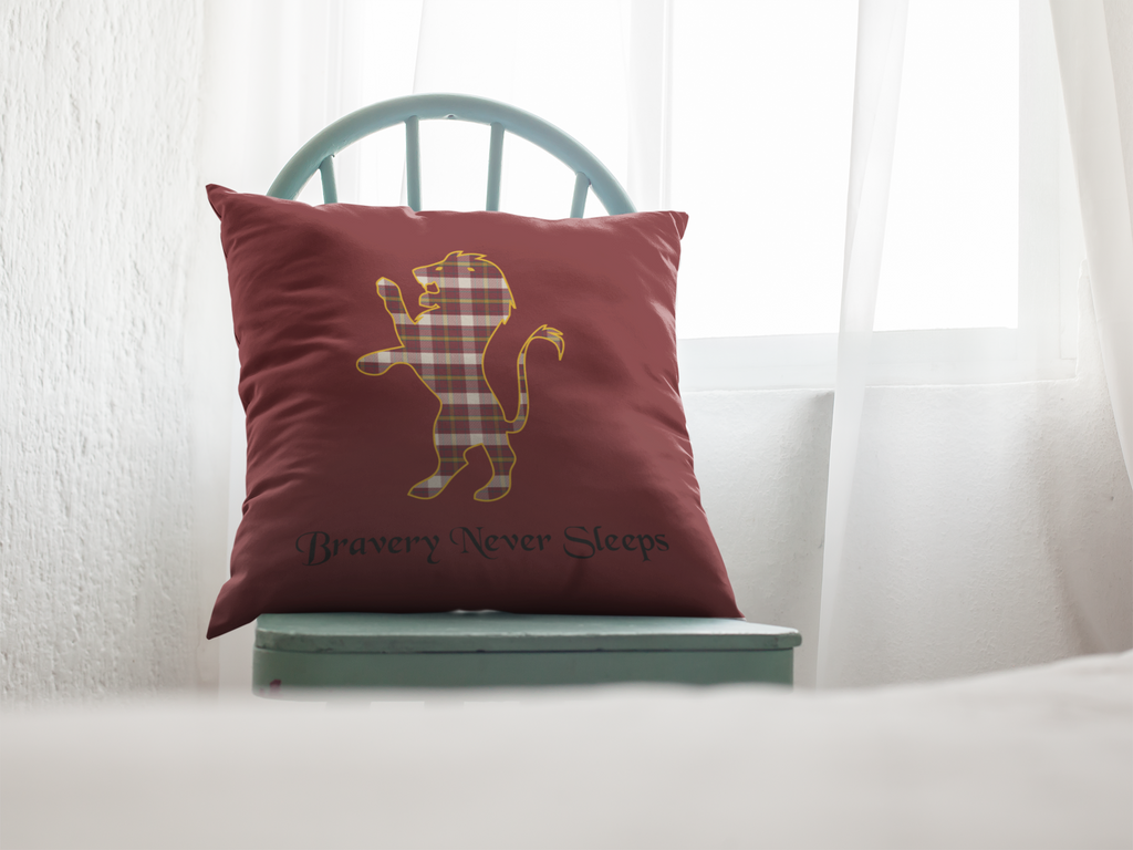 Gryffindor Plaid Lion Pillow- Bravery Never Sleeps- Hogwarts House Decor