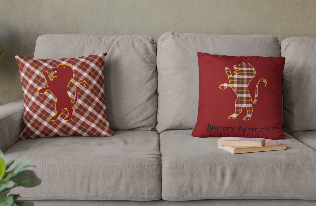 Gryffindor Plaid Lion Pillow- Bravery Never Sleeps- Hogwarts House Decor
