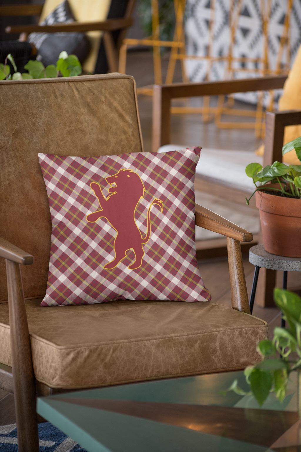 Gryffindor Plaid Lion Pillow- Bravery Never Sleeps- Hogwarts House Decor