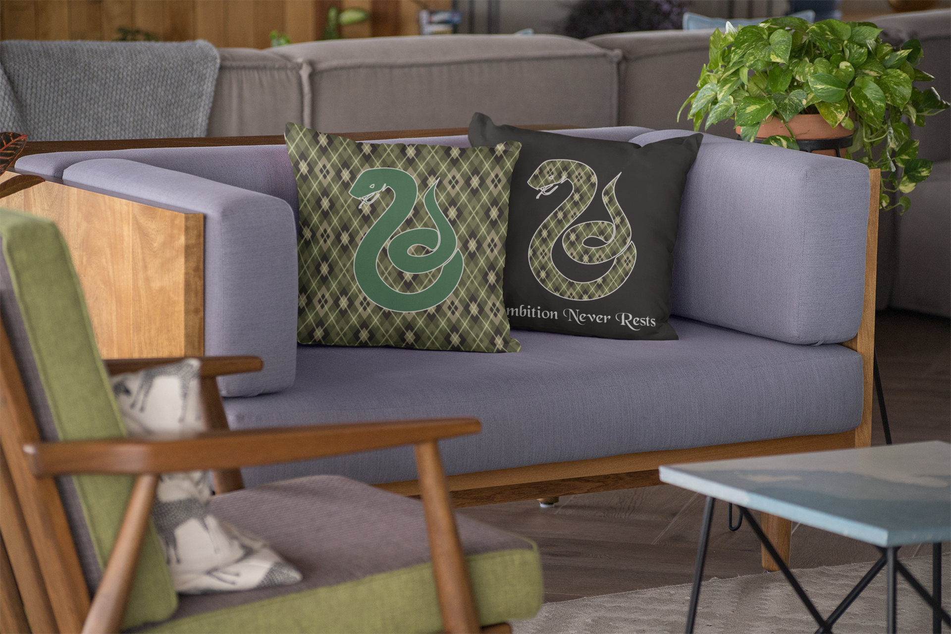 Slytherin Argyle Snake Pillow- Ambition Never Rests- Elegant Hogwarts House Decor