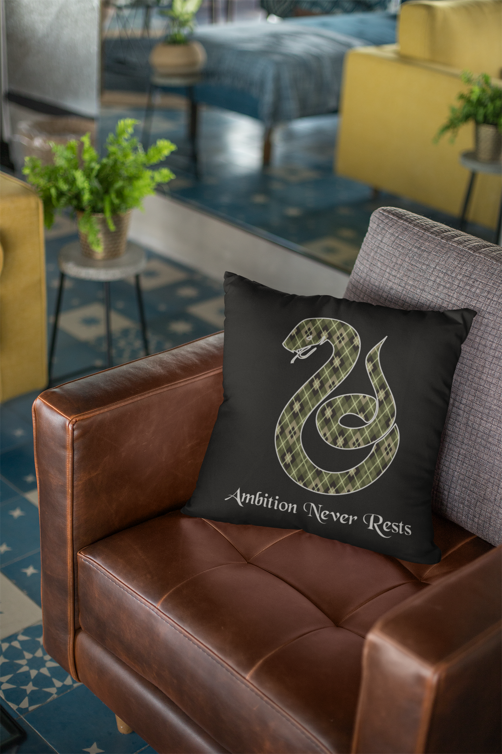 Slytherin Argyle Snake Pillow- Ambition Never Rests- Elegant Hogwarts House Decor