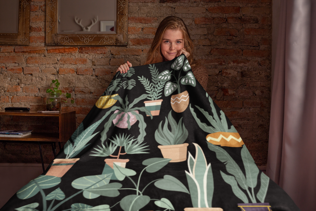 Houseplant Throw Blanket- Cozy Black Botanical 50x60 Throw