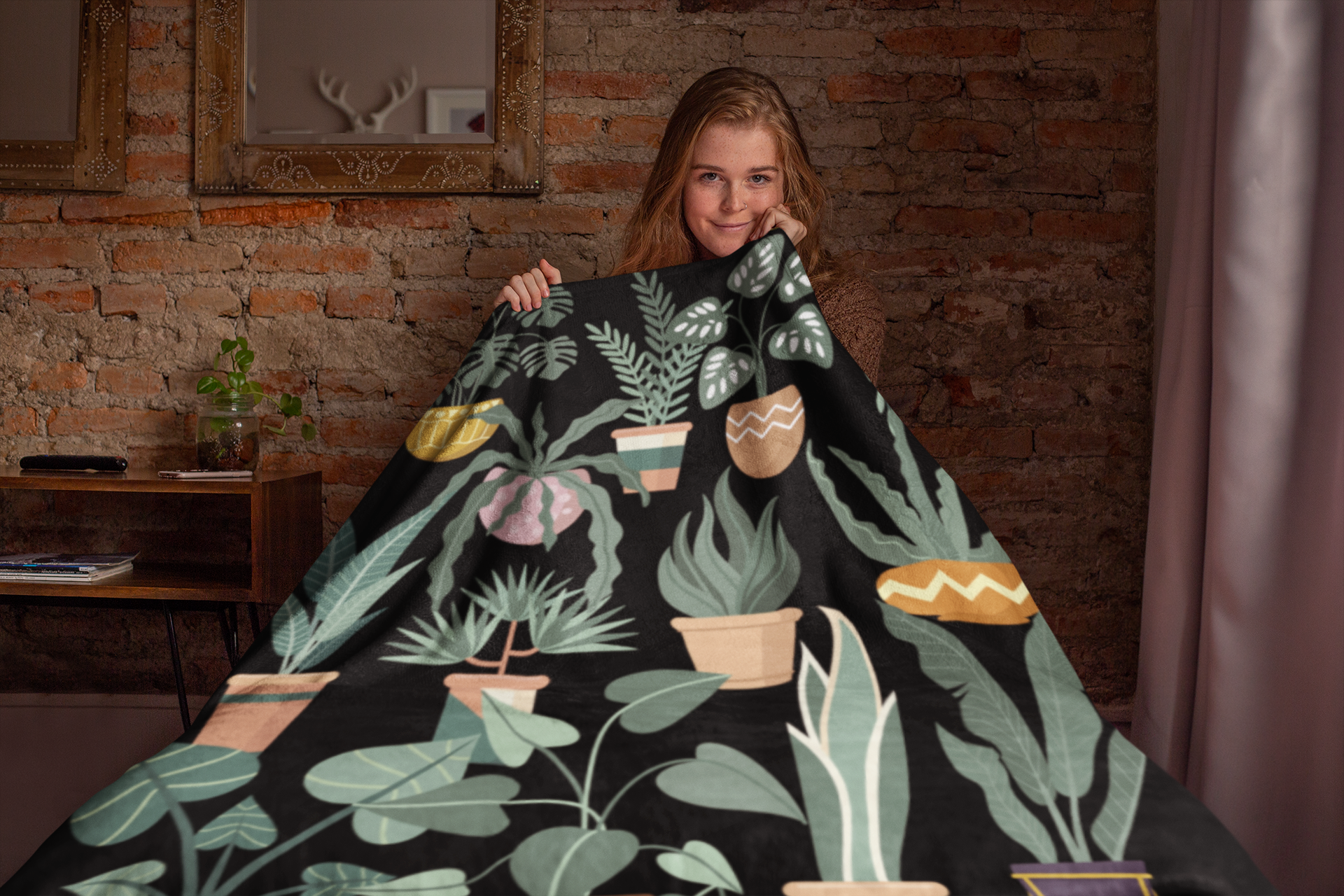 Houseplant Throw Blanket- Cozy Black Botanical 50x60 Throw