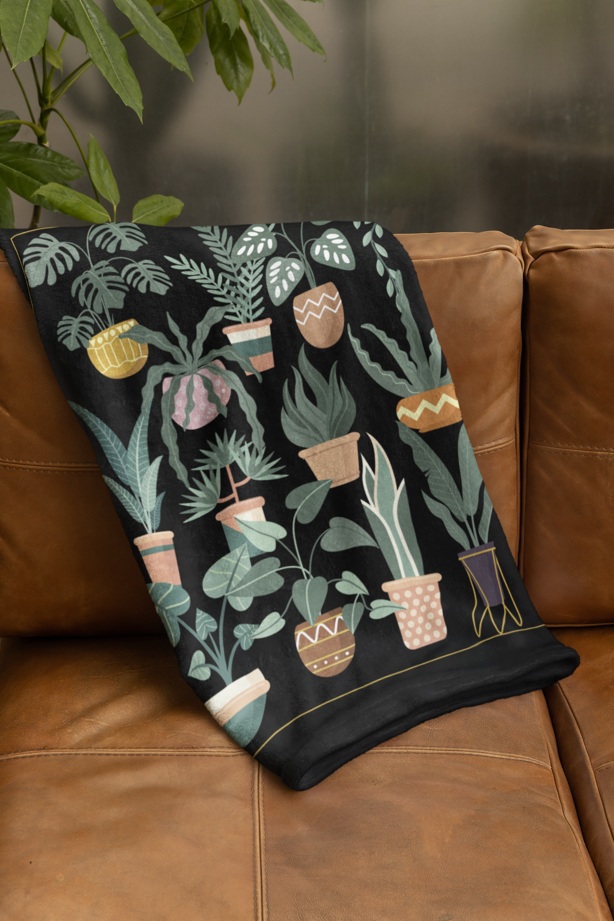 Houseplant Throw Blanket- Cozy Black Botanical 50x60 Throw