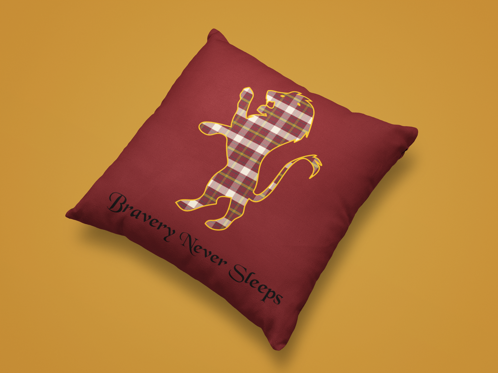 Lion House Plaid Pillow- Bravery Never Sleeps- Wizardcore Home Decor