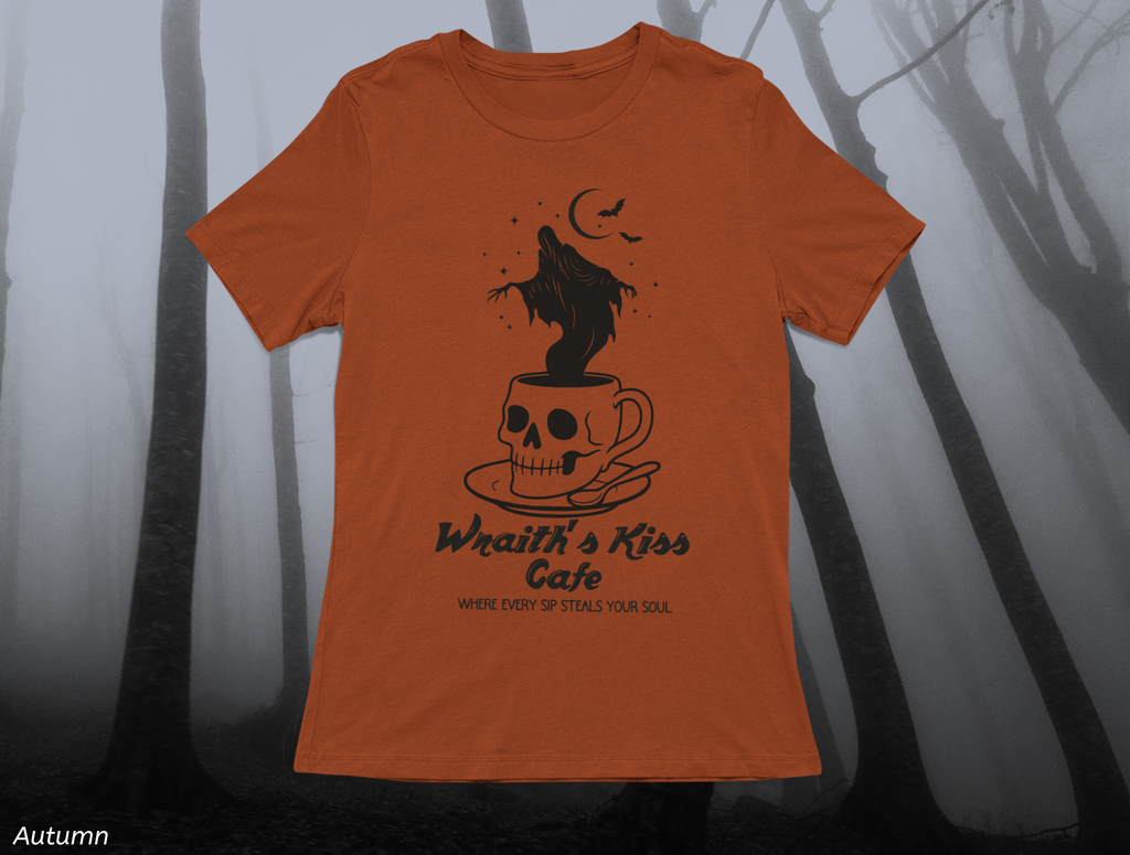 Wraith's Kiss Cafe Shirt- Skull Mug Tee, Gothic Café Graphic
