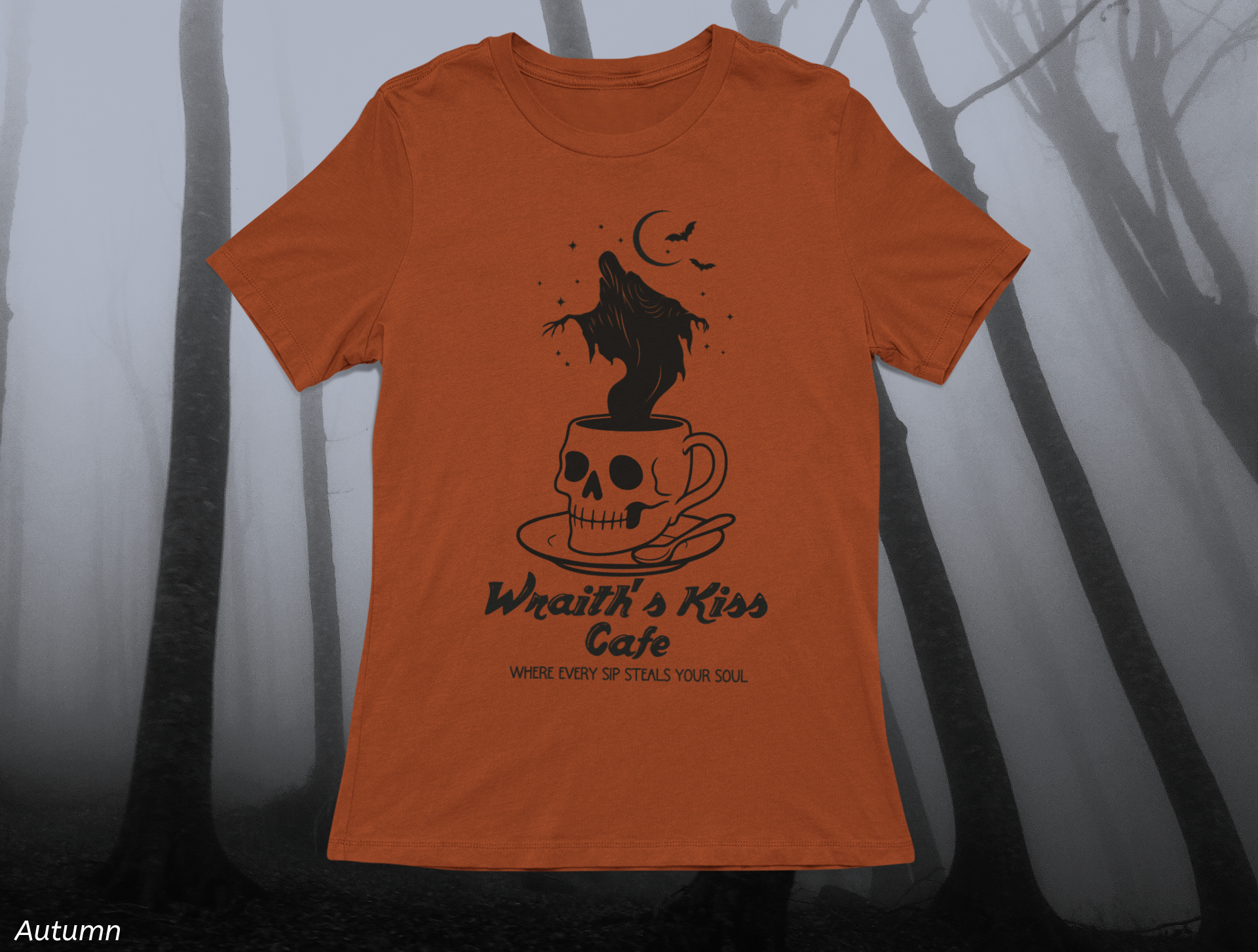 Wraith's Kiss Cafe Shirt- Skull Mug Tee, Gothic Café Graphic