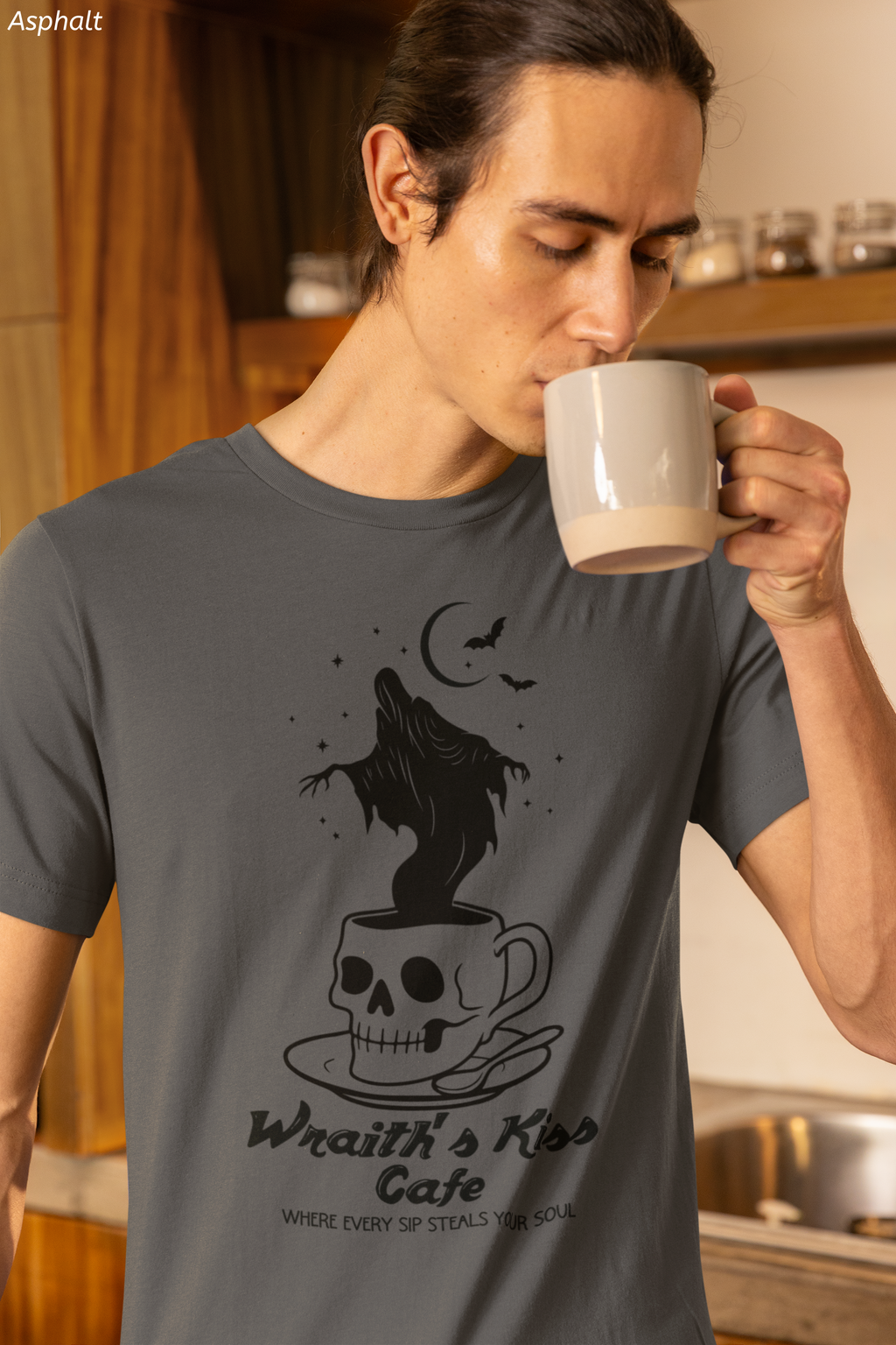 Wraith's Kiss Cafe Shirt- Skull Mug Tee, Gothic Café Graphic