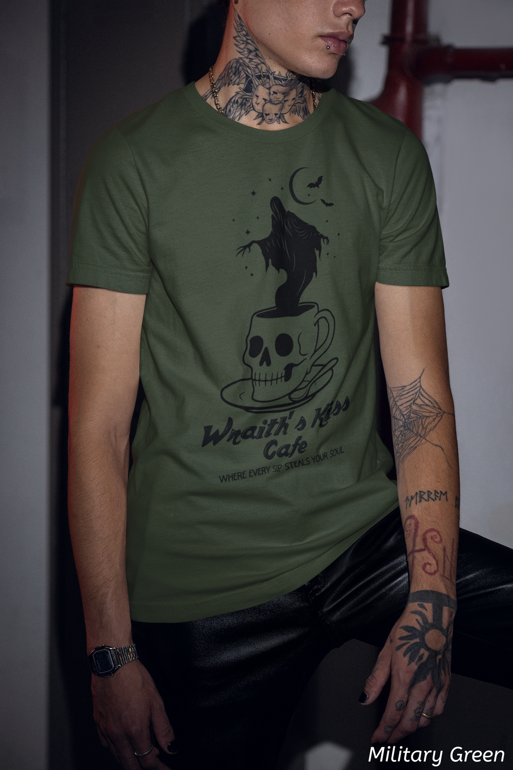 Wraith's Kiss Cafe Shirt- Skull Mug Tee, Gothic Café Graphic