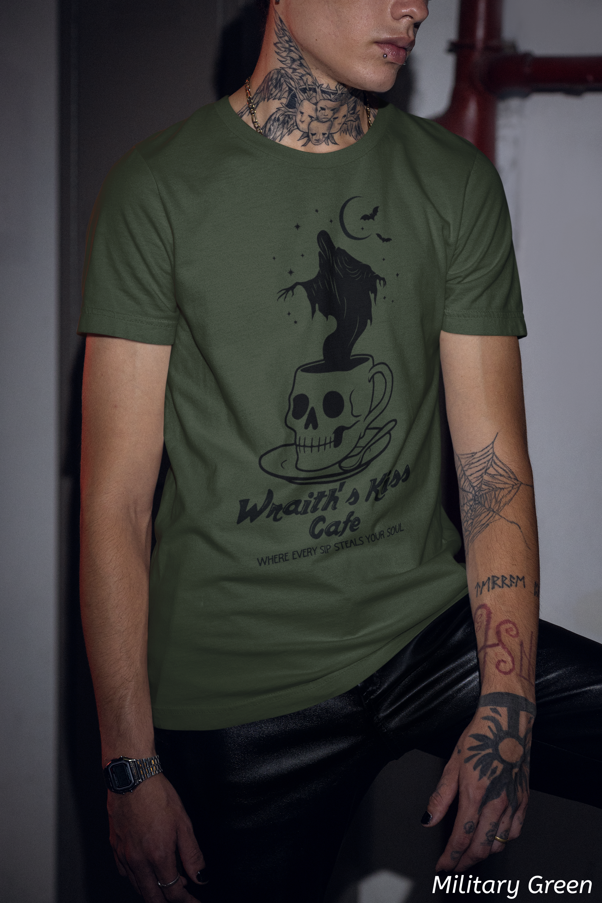 Wraith's Kiss Cafe Shirt- Skull Mug Tee, Gothic Café Graphic