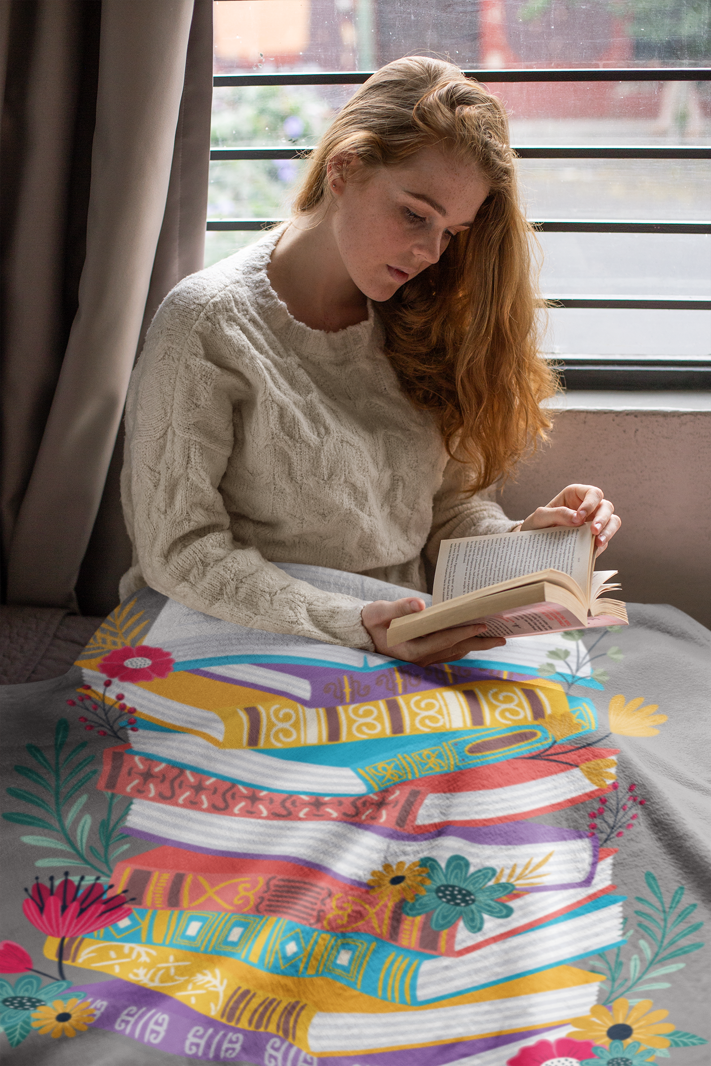 One More Chapter Reader Blanket- Colorful Book Stack & Floral Velveteen Plush Throw