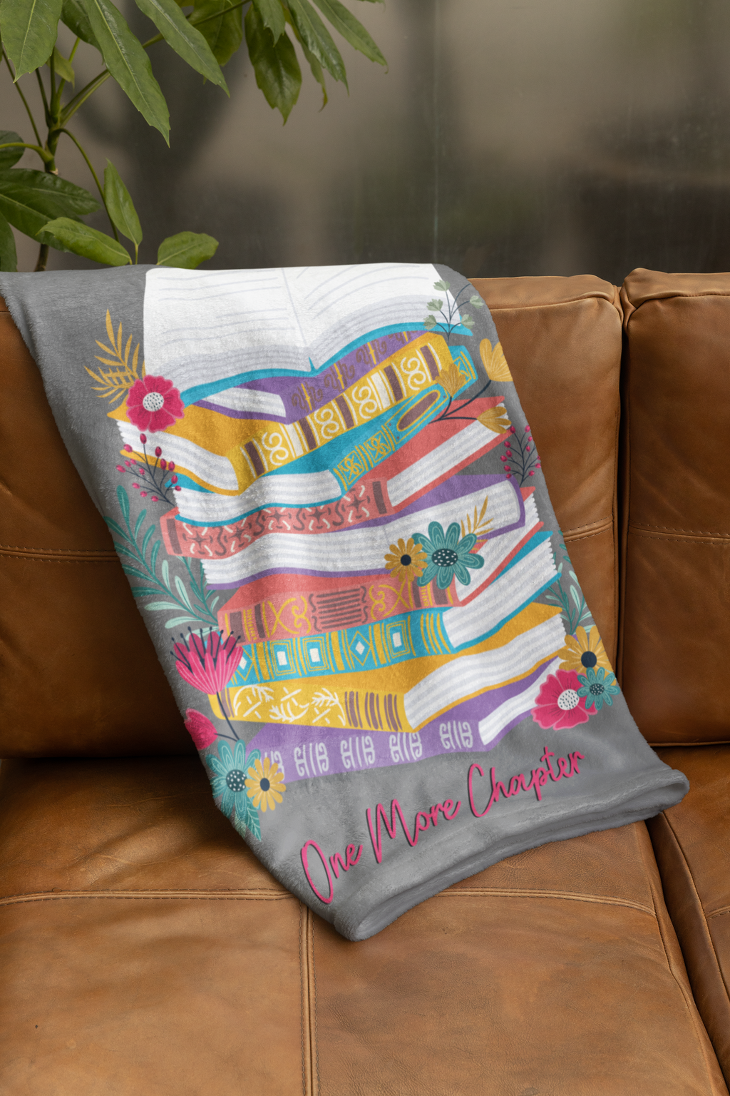 One More Chapter Reader Blanket- Colorful Book Stack & Floral Velveteen Plush Throw