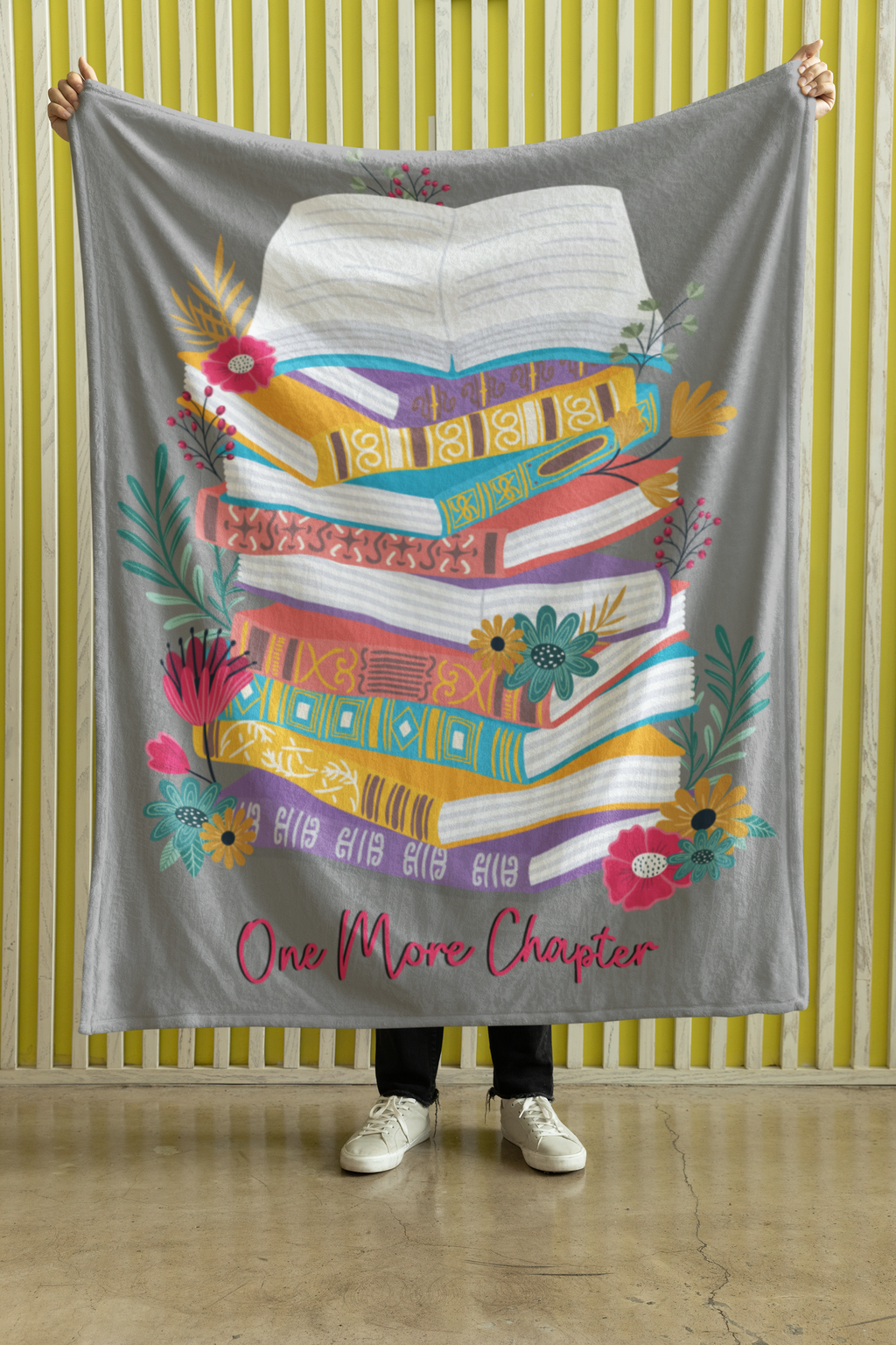 One More Chapter Reader Blanket- Colorful Book Stack & Floral Velveteen Plush Throw