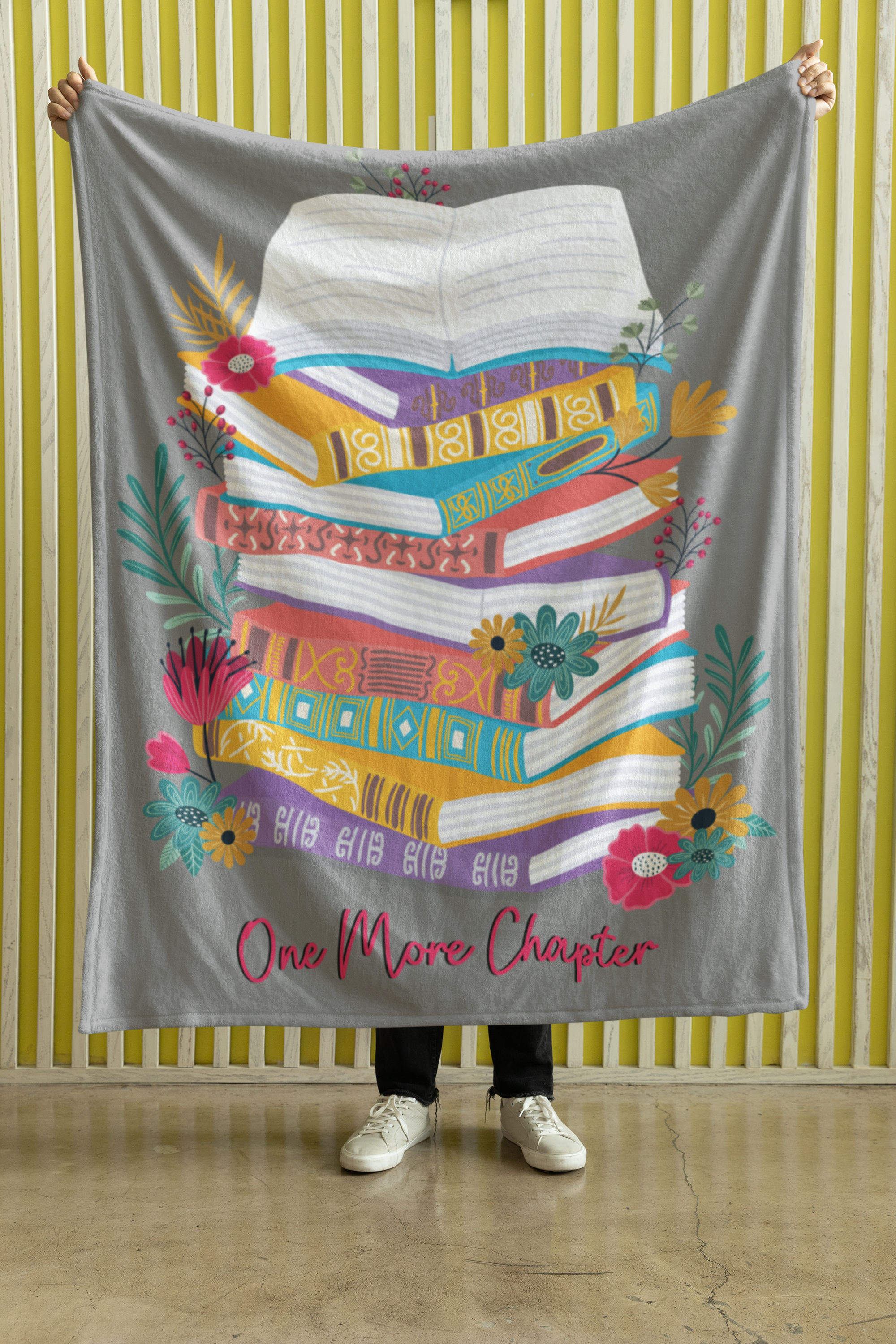 One More Chapter Reader Blanket- Colorful Book Stack & Floral Velveteen Plush Throw