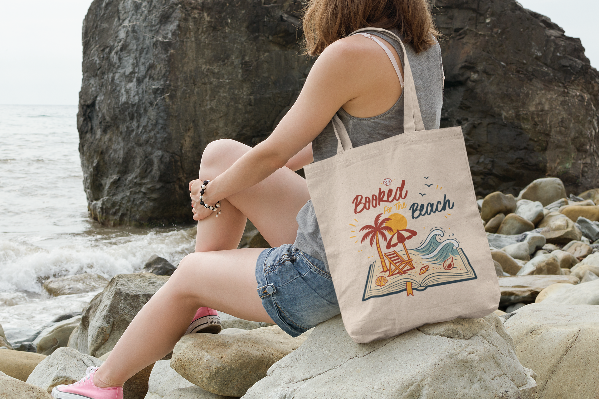 Booked for the Beach Tote Bag- Book Lover Canvas Tote