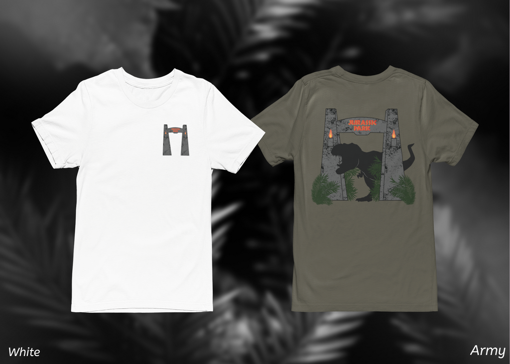 Jurassic Park Gates Shirt- Dinosaur Theme Park Tee, Double Sided T-Rex Jungle Graphic