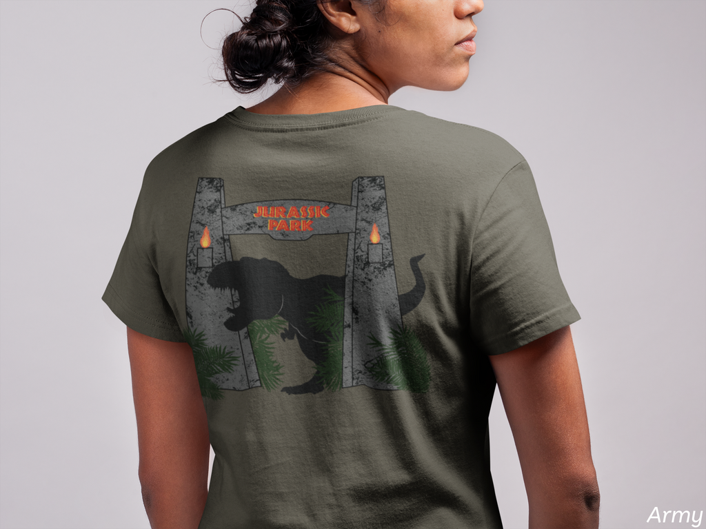 Jurassic Park Gates Shirt- Dinosaur Theme Park Tee, Double Sided T-Rex Jungle Graphic
