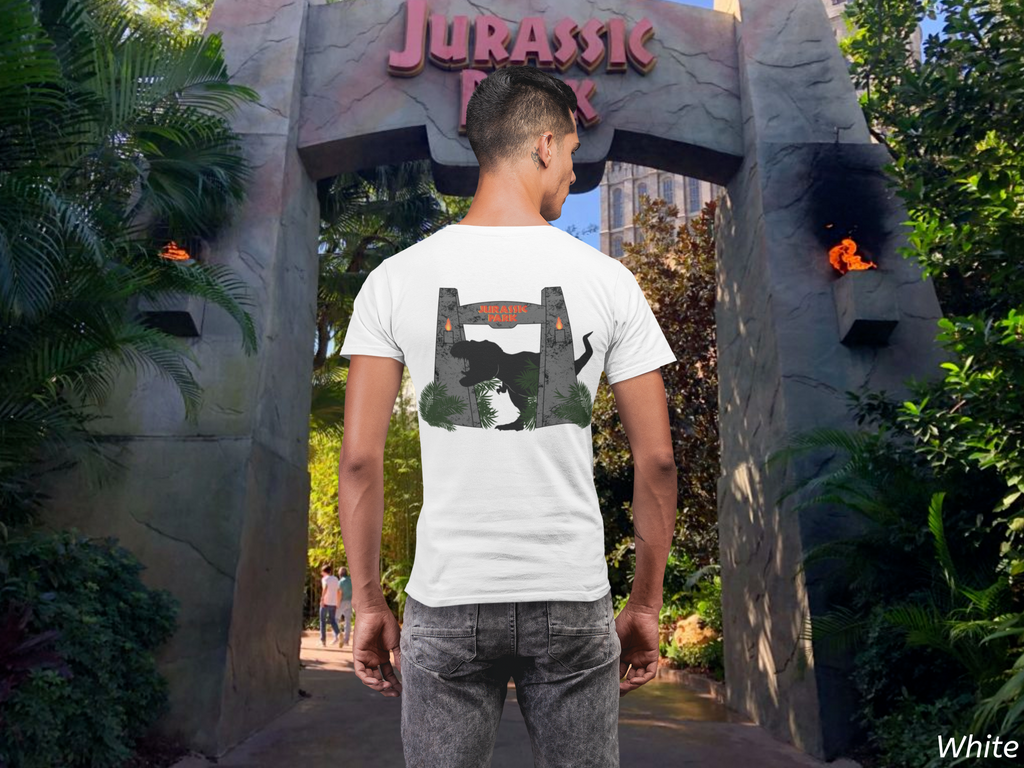 Jurassic Park Gates Shirt- Dinosaur Theme Park Tee, Double Sided T-Rex Jungle Graphic