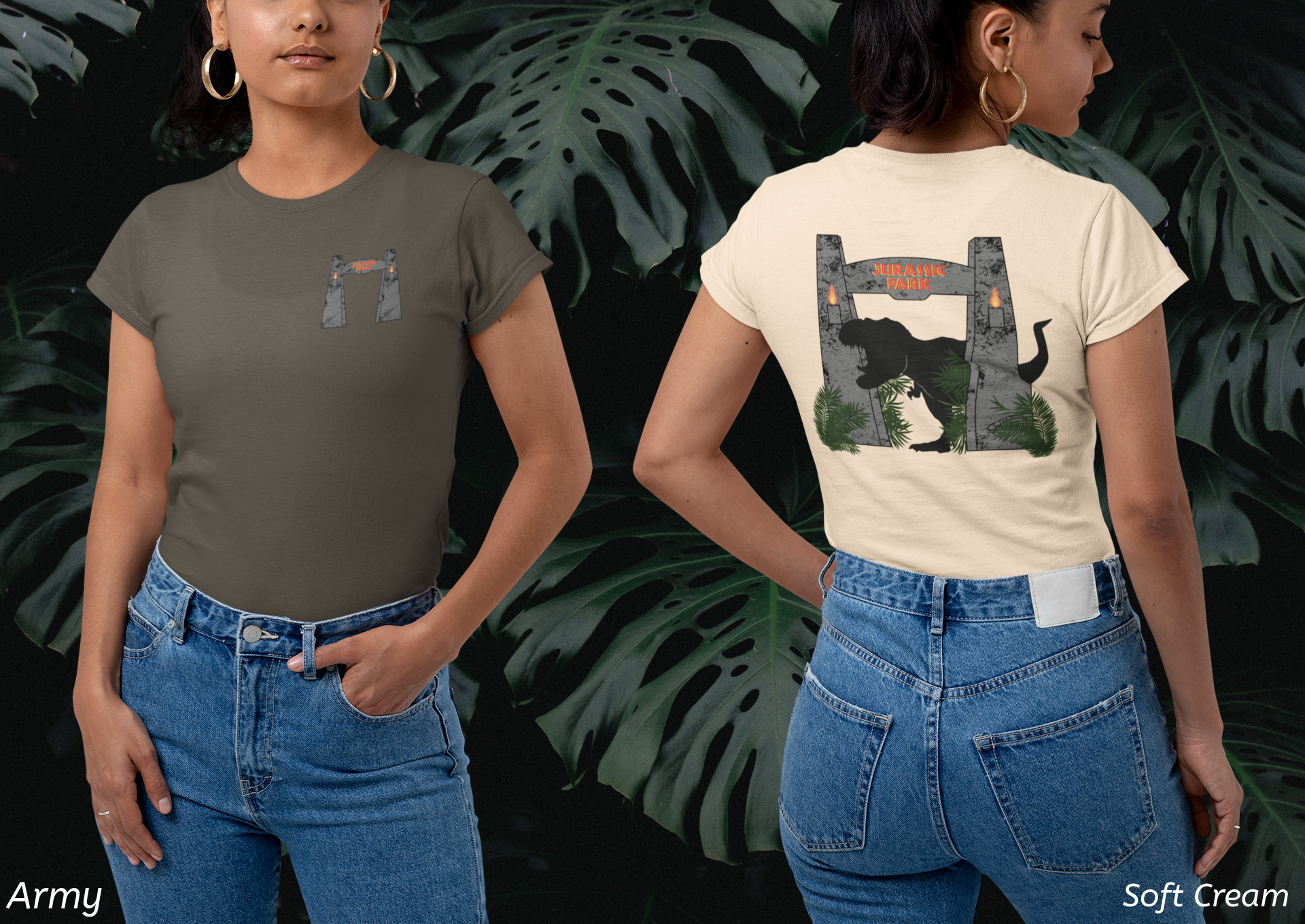 Jurassic Park Gates Shirt- Dinosaur Theme Park Tee, Double Sided T-Rex Jungle Graphic