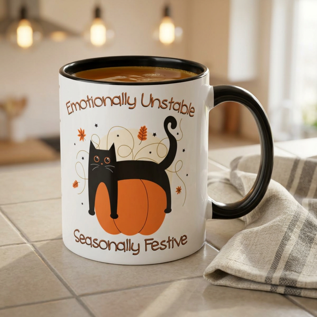 Emotionally Unstable Seasonally Festive 11oz Mug- Cute Black Cat Fall Coffee Mug