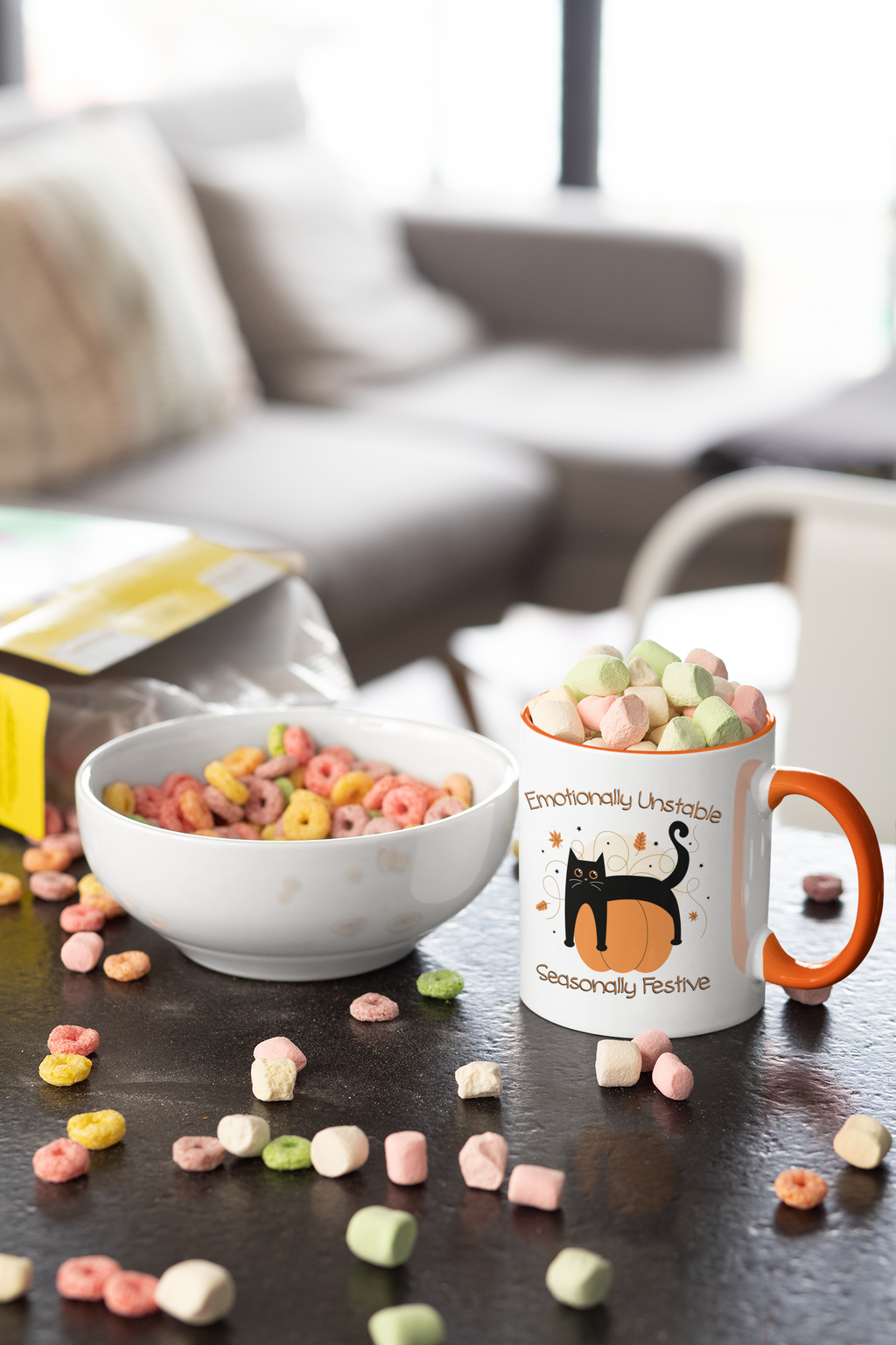 Emotionally Unstable Seasonally Festive 11oz Mug- Cute Black Cat Fall Coffee Mug