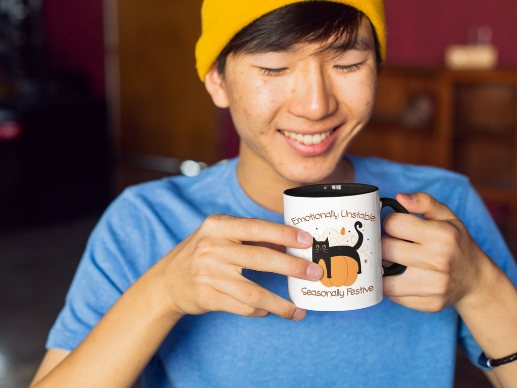 Emotionally Unstable Seasonally Festive 11oz Mug- Cute Black Cat Fall Coffee Mug
