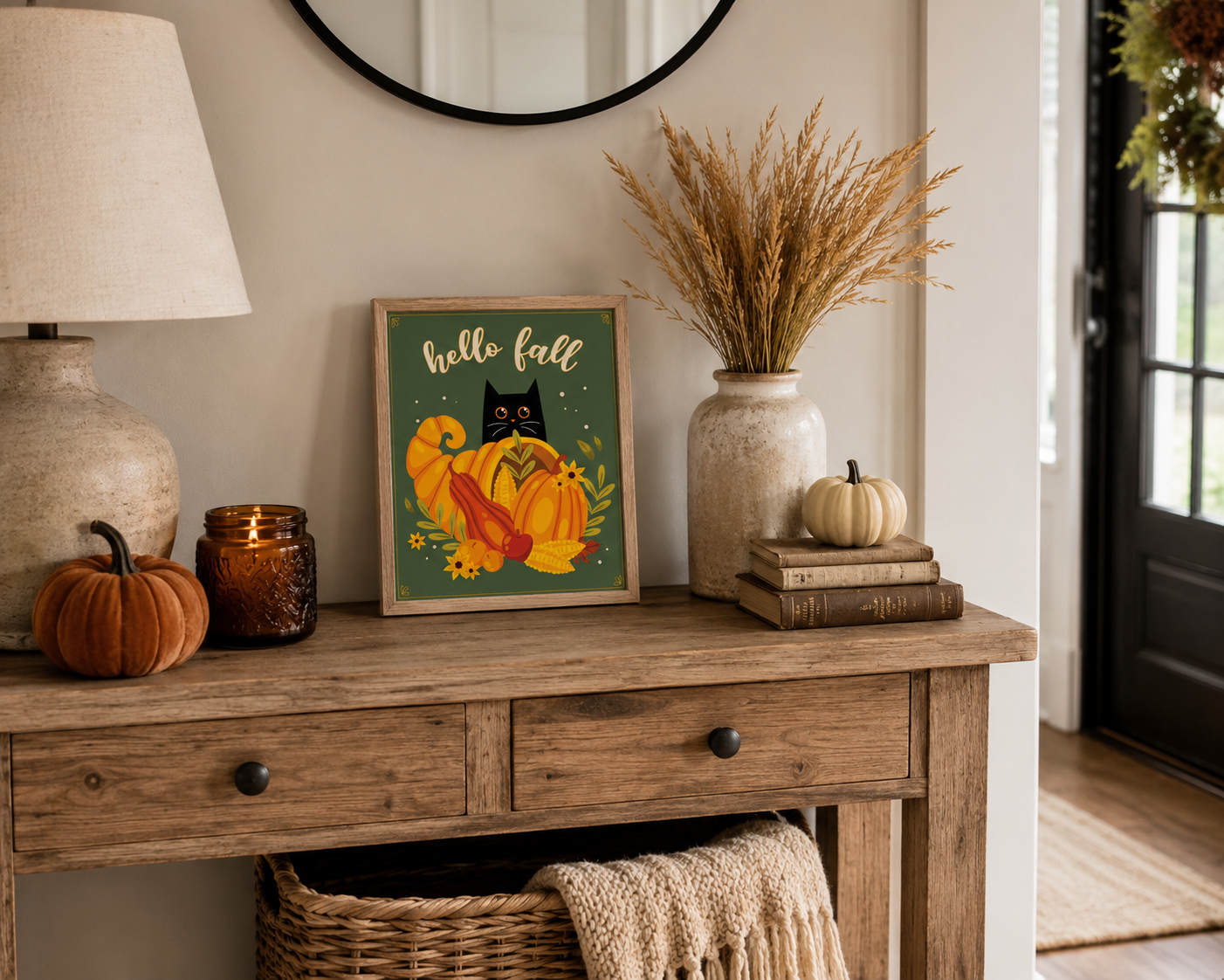 Black Cat Fall Wall Art- Hello Fall 8x10 Autumn Harvest Print