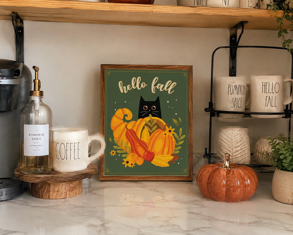 Black Cat Fall Wall Art- Hello Fall 8x10 Autumn Harvest Print