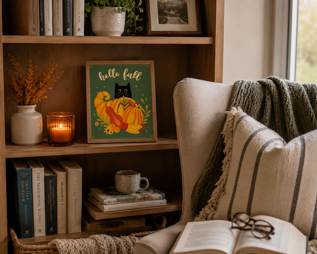 Black Cat Fall Wall Art- Hello Fall 8x10 Autumn Harvest Print