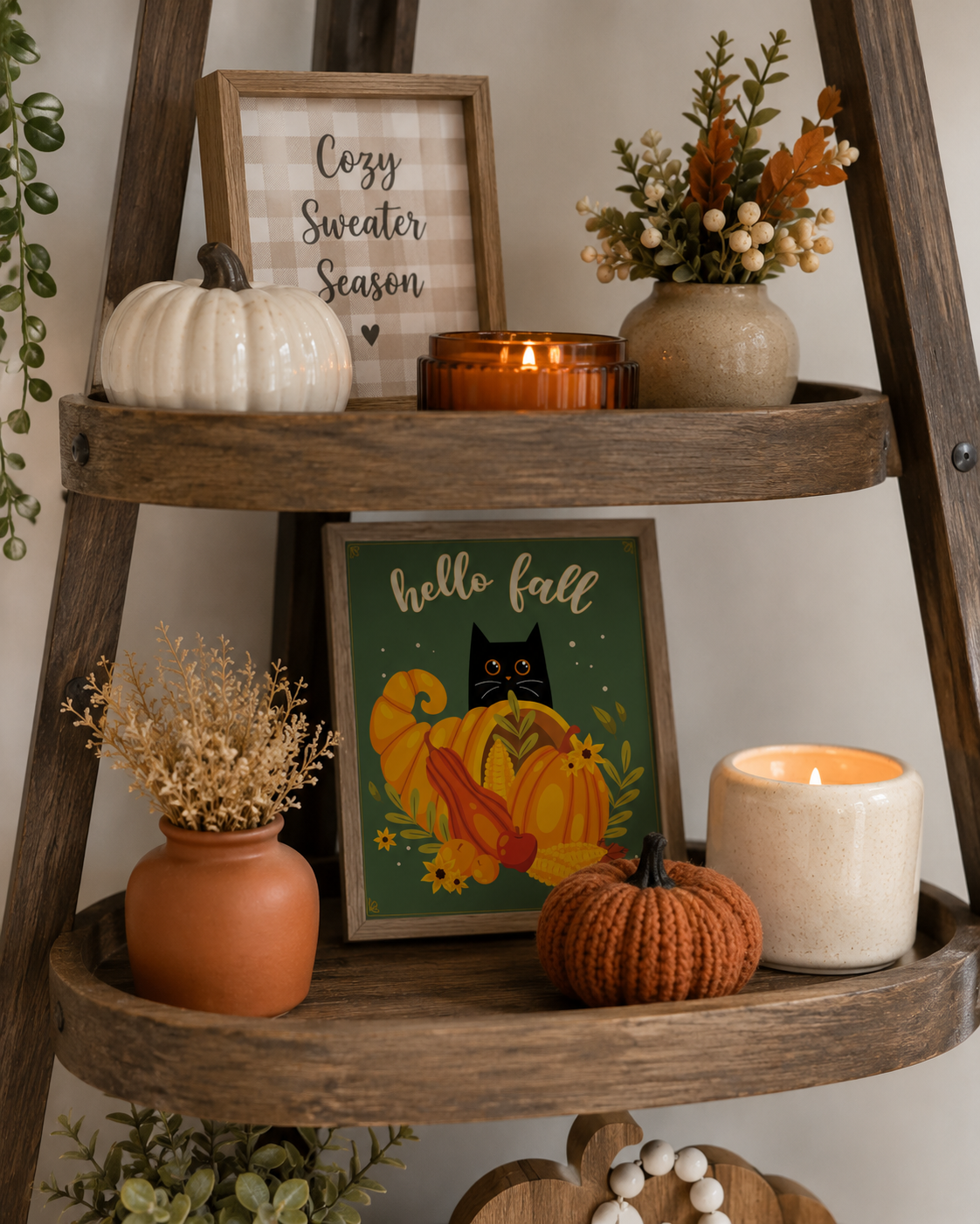 Black Cat Fall Wall Art- Hello Fall 8x10 Autumn Harvest Print