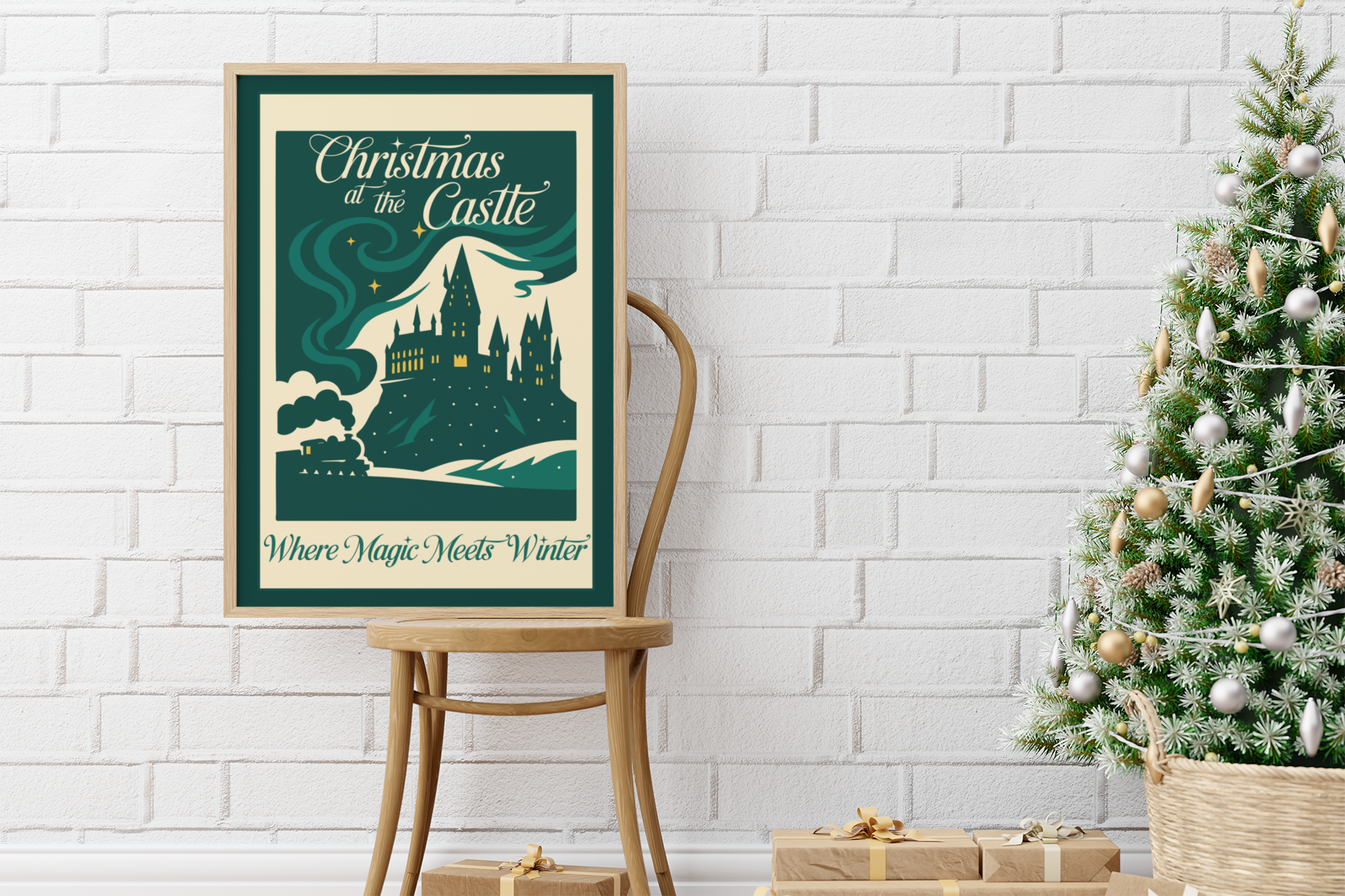 Christmas at the Castle Vintage Poster- 16x24 Magical Castle Holiday Decor