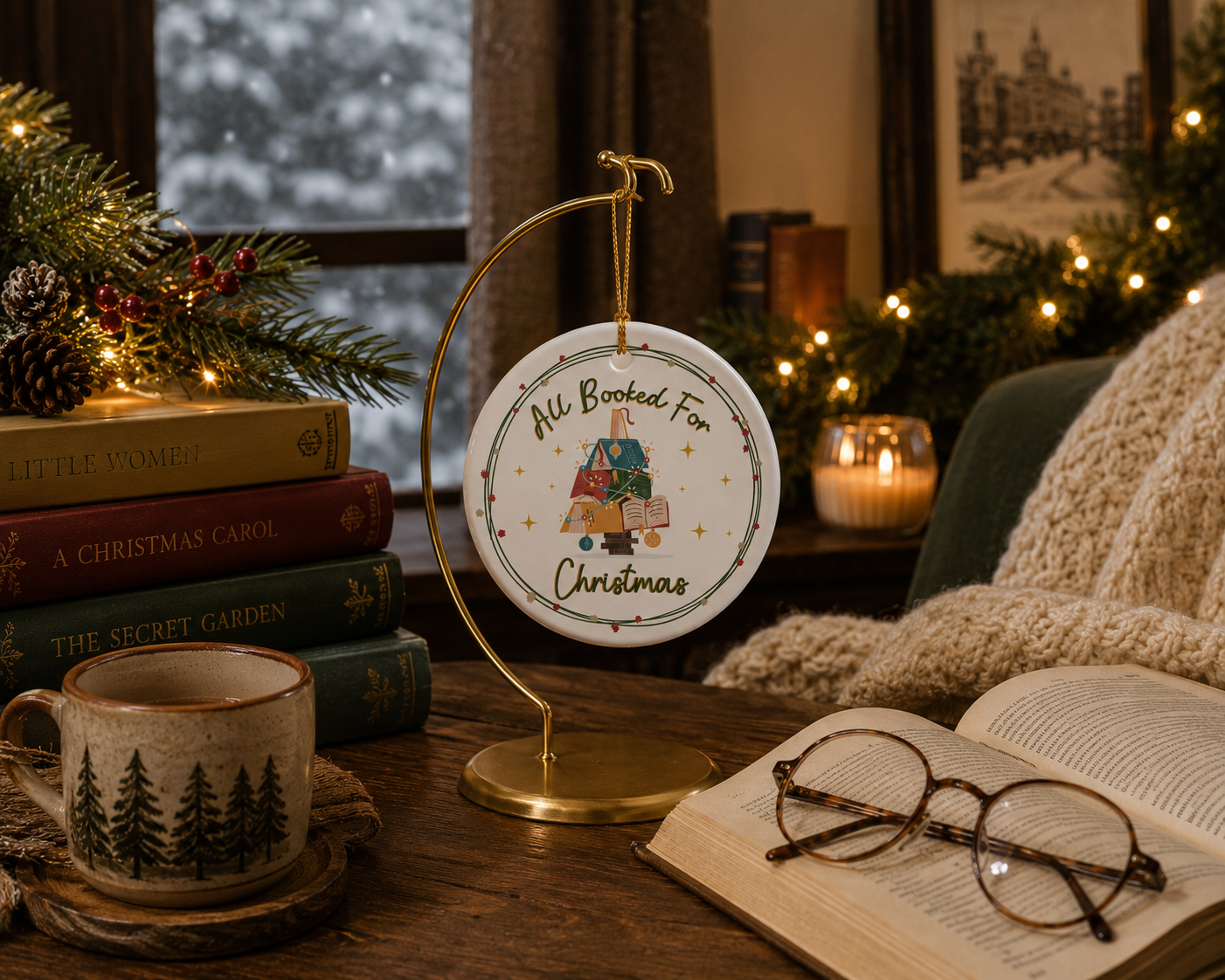 All Booked for Christmas Ornament- Ceramic Book Lover Christmas Gift