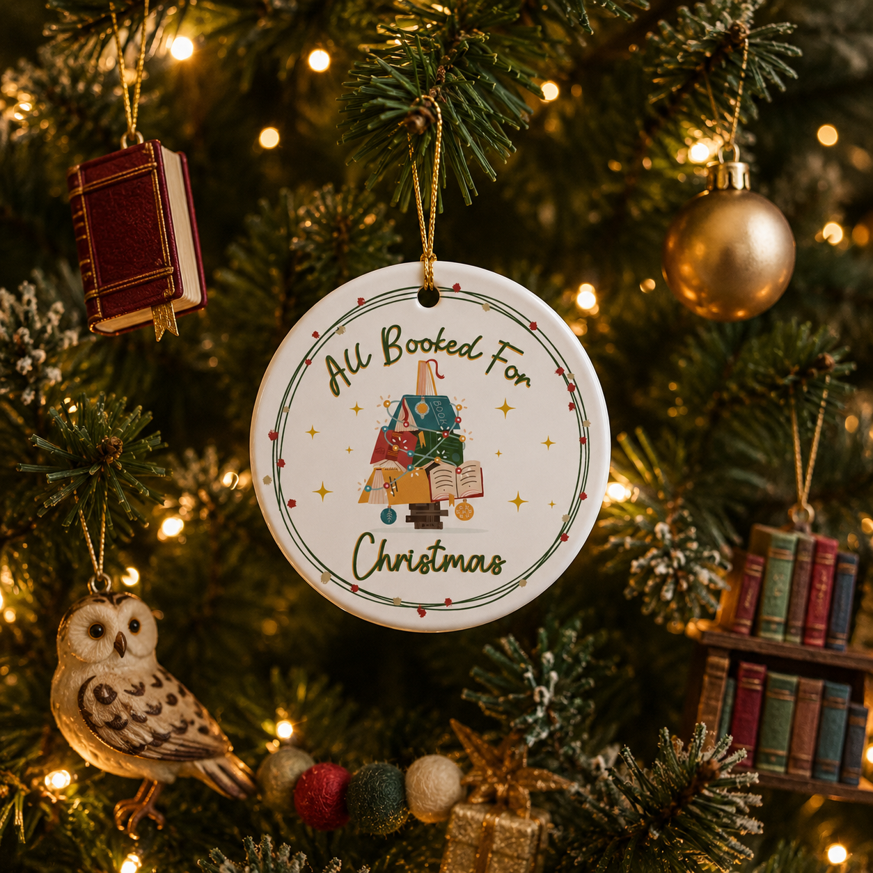 All Booked for Christmas Ornament- Ceramic Book Lover Christmas Gift