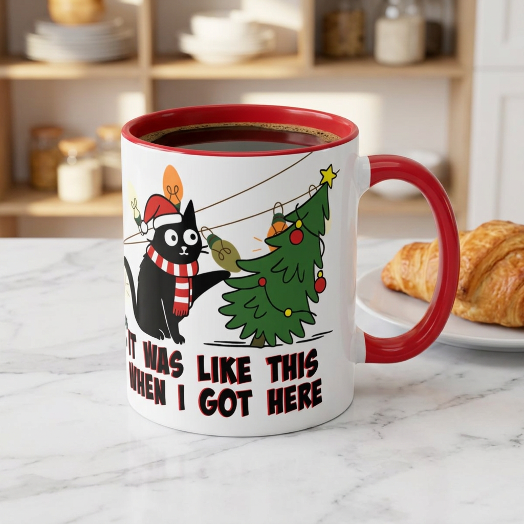 It Was Like This When I Got Here Cat Christmas Mug- 11oz Funny Black Cat Coffee Mug