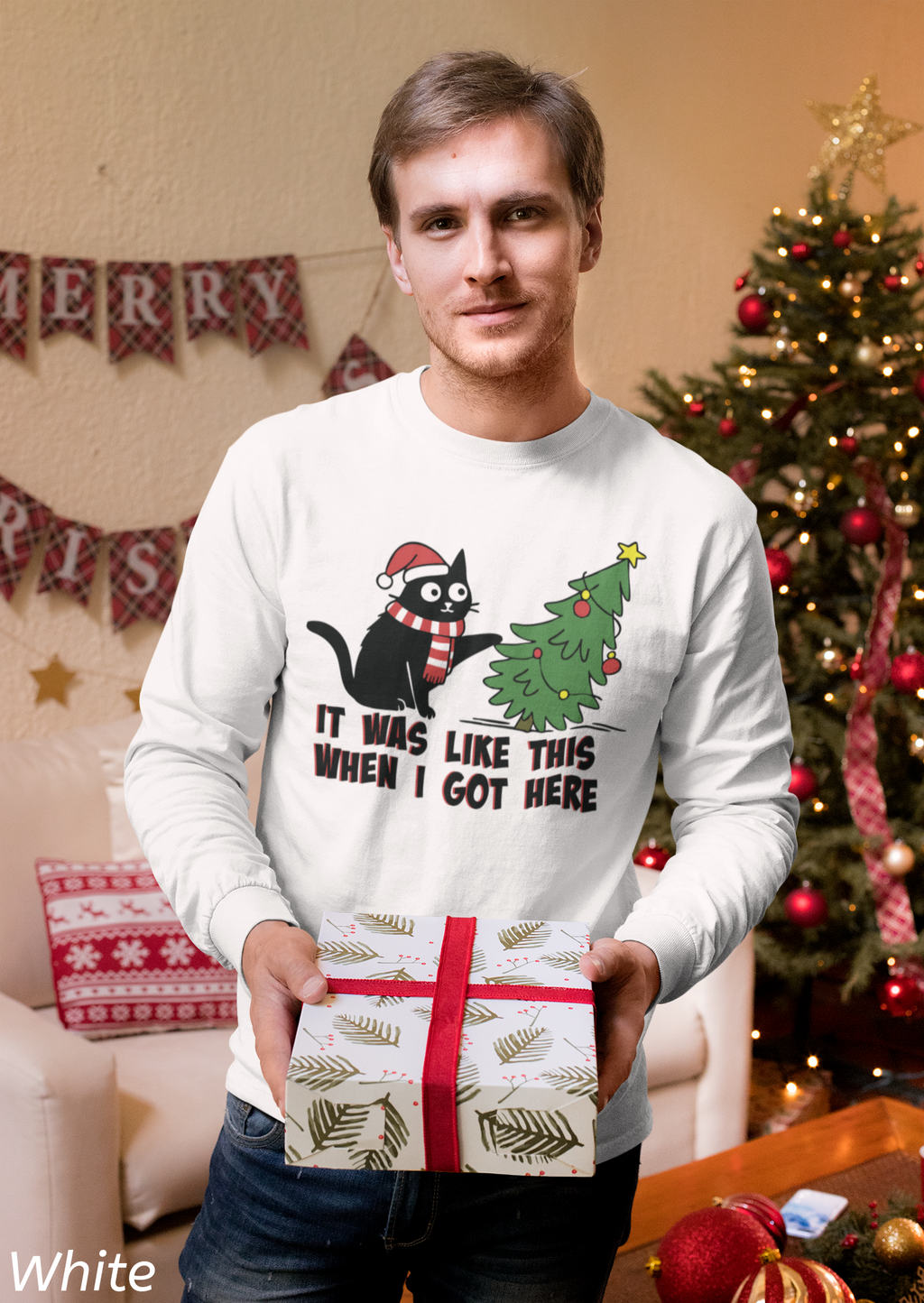 It Was Like This When I Got Here Christmas Long Sleeve Shirt- Funny Black Cat Christmas Shirt