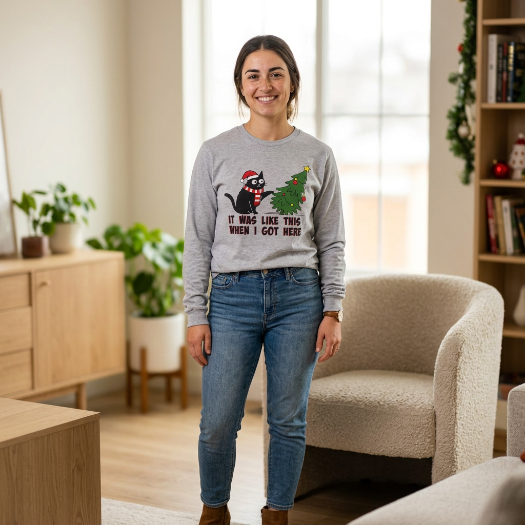 It Was Like This When I Got Here Christmas Long Sleeve Shirt- Funny Black Cat Christmas Shirt