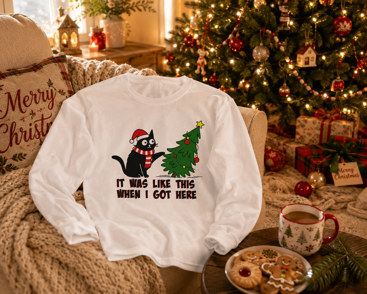 It Was Like This When I Got Here Christmas Long Sleeve Shirt- Funny Black Cat Christmas Shirt