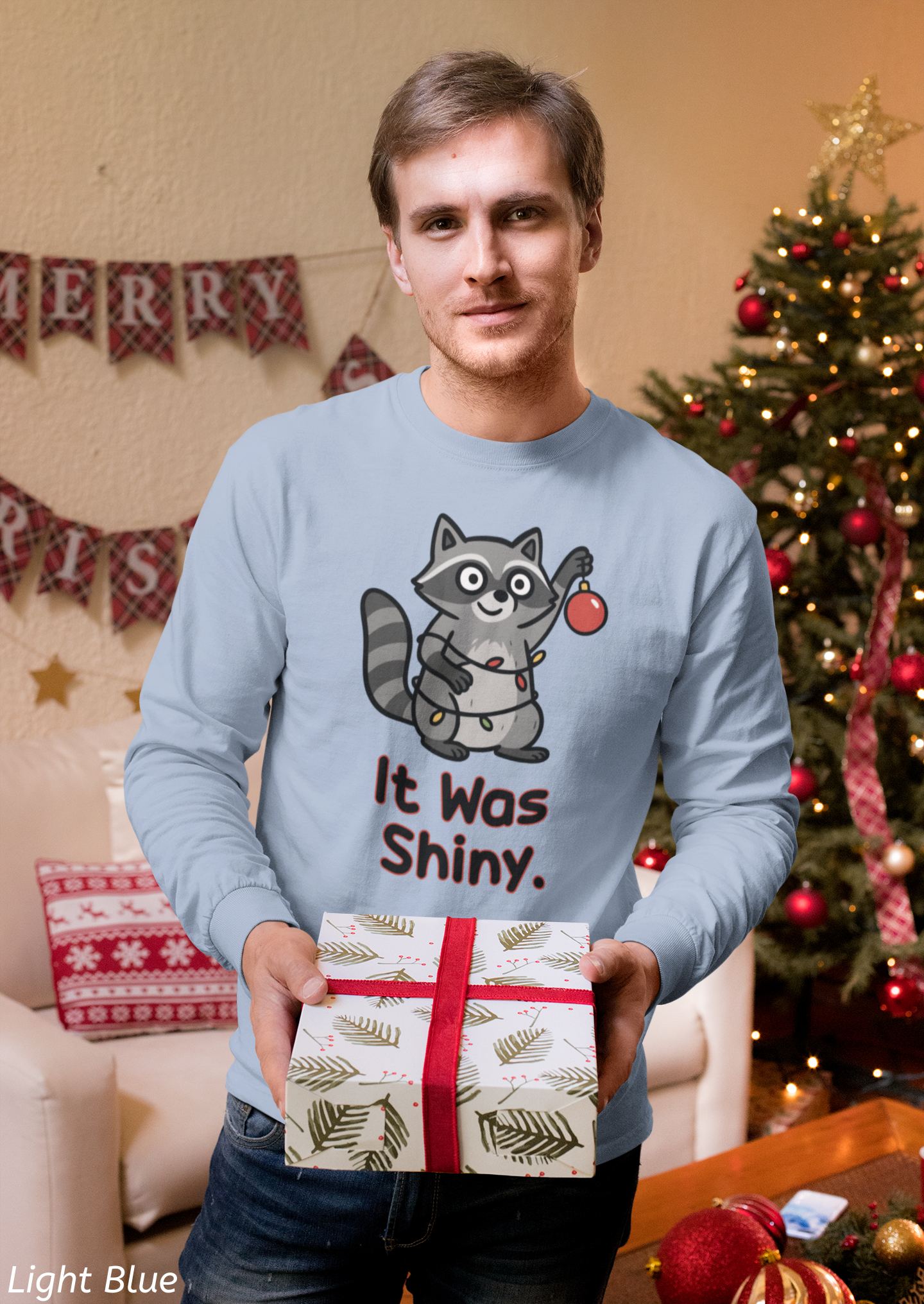 It Was Shiny Funny Christmas Long Sleeve Shirt- Cute Raccoon Holiday Shirt