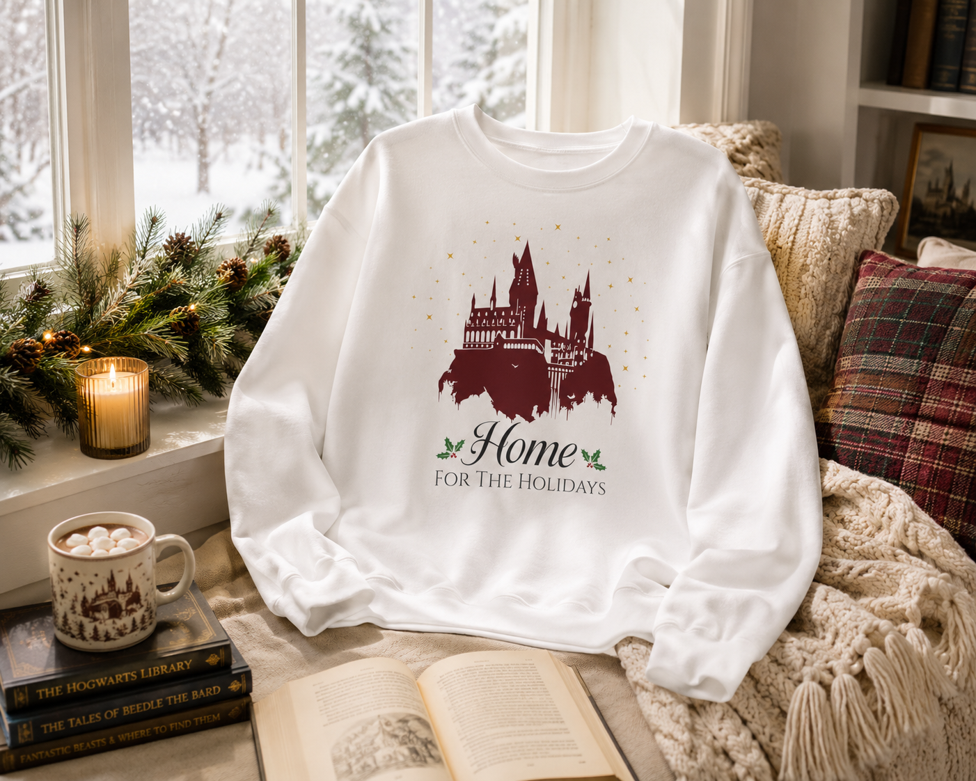 Home for the Holidays Wizard Christmas Sweatshirt- Cozy Castle Holiday Crewneck